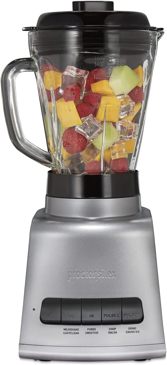 Proctor Silex PowerHouse 950 Watts Blender for Shakes and Smoothies, 52 oz. BPA Free MultiBlend Glass Jar, Black & Silver (53560)