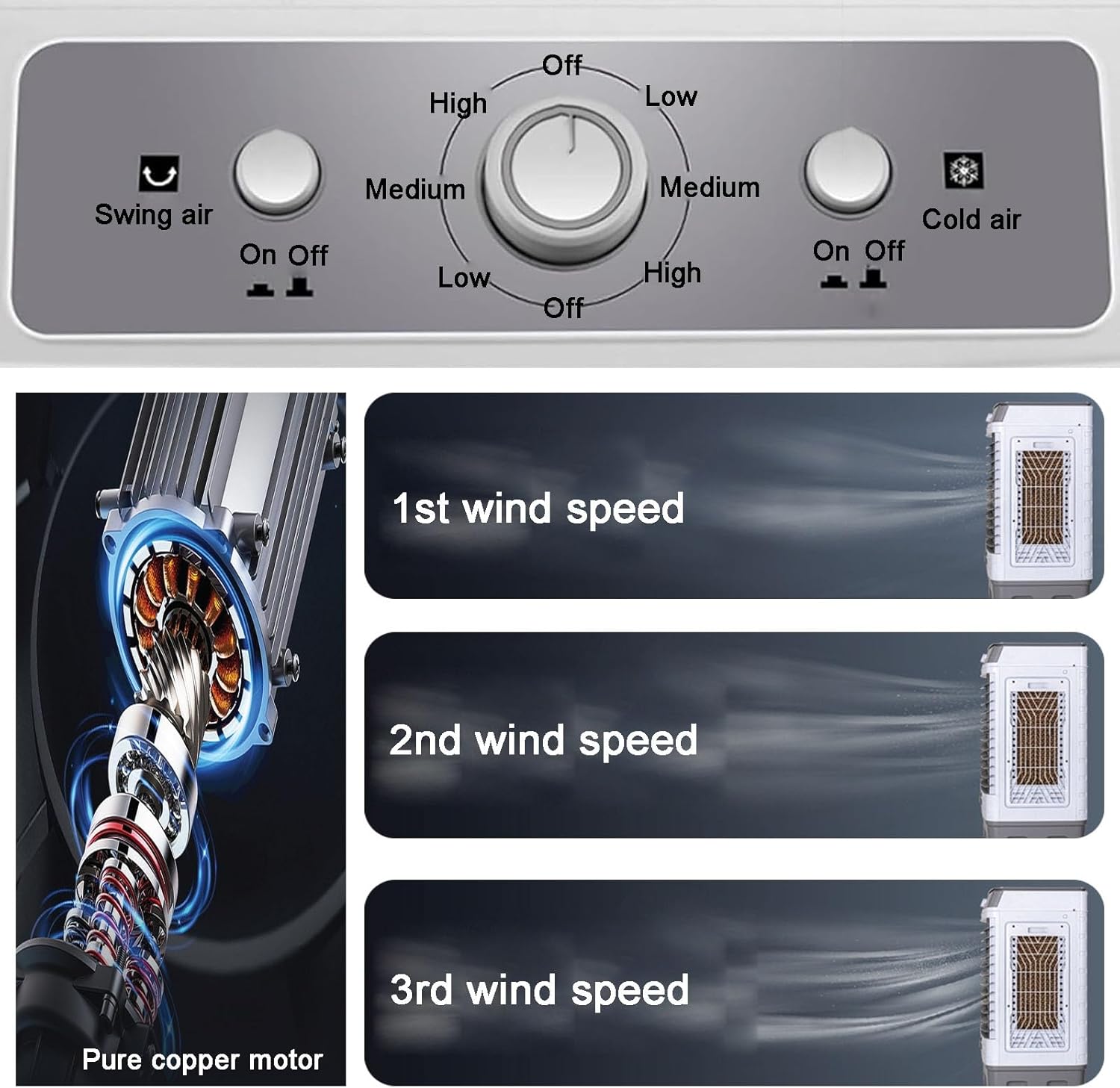 Evaporative Cooler, 3 in 1 Portable Air Cooler, Windowless Air Conditioner with 3 Speeds, Knob, 13 Gal Tank for Outdoor, Office, Home