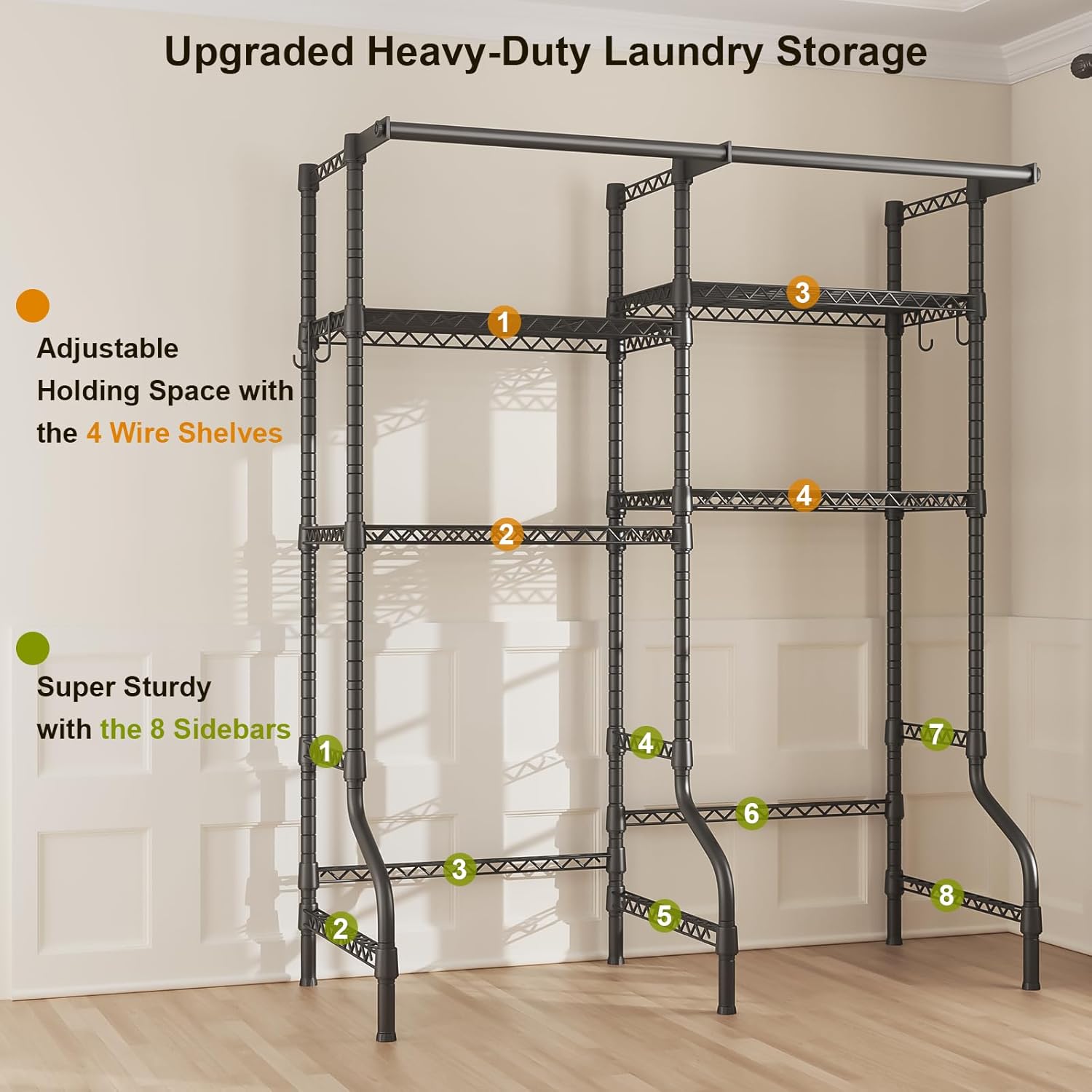 U14 Medium Over the Washer and Dryer Shelves, 4 Tiers Laundry Room Storage and Organizer System, Space Saving Clothes Drying Rack with 2 Clothes Hanger Rods, 57.8