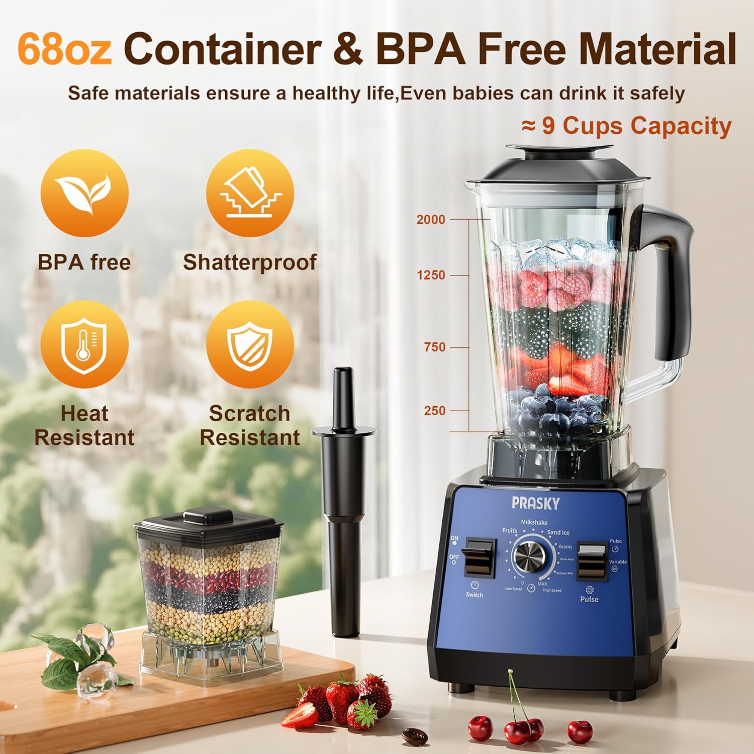 Blender, Smoothie Blenders, PRASKY Max.2400Watts/1000Watts Kitchen Blender and Grinder Combo 25000RPM Powerful Kitchen 68oz BPA Free 2 Containers Countertop Blenders Ice Crushing