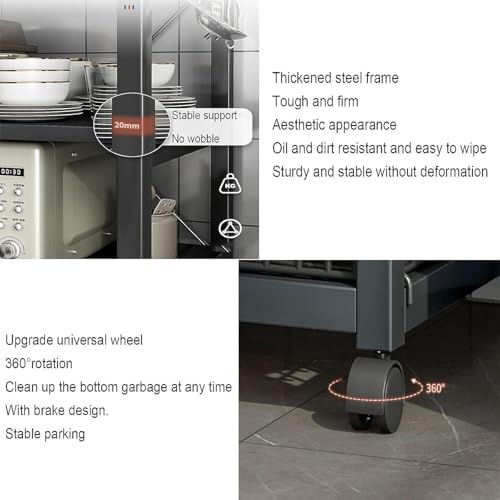 Kitchen Baker’s Rack with Storage Shelves, Microwave Oven Stand with Wheels, Industrial Metal Utility Shelf(Black)