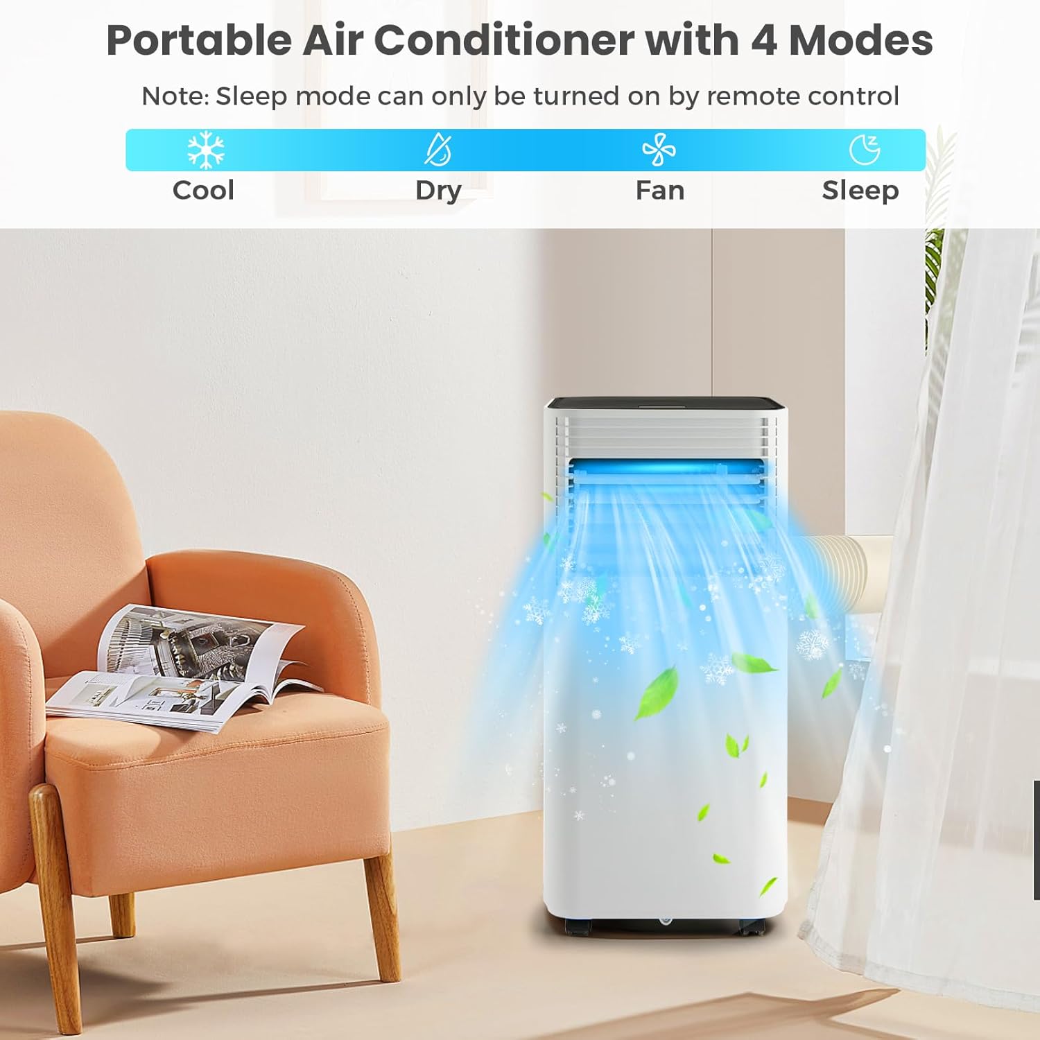 KOTEK Portable Air Conditioners, Air Conditioner for Rooms up to 230 Sq Ft, Ac Unit with Remote Control, 2 Speeds, 4 Modes, 24H Timer & Window Installation Kit for Home/Office/Dorms (Black, 8000 BTU)