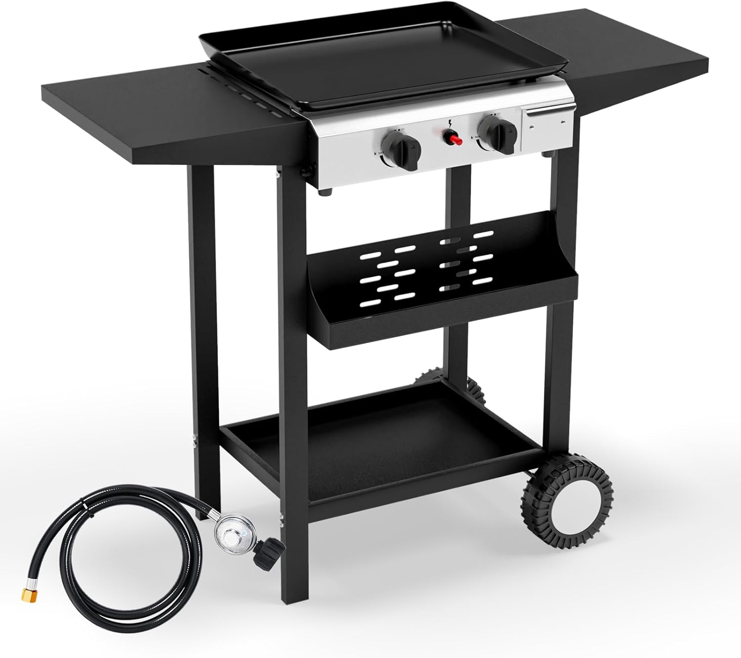 Bonnlo 2 Burner Portable Propane Griddle, 20,000BTU Gas Grill with Enameled Tray, Rolling Flat Top Grill with Electronic Ignition, Side Shelve & Regulator, Ideal for Outdoor Patio Cooking BBQ