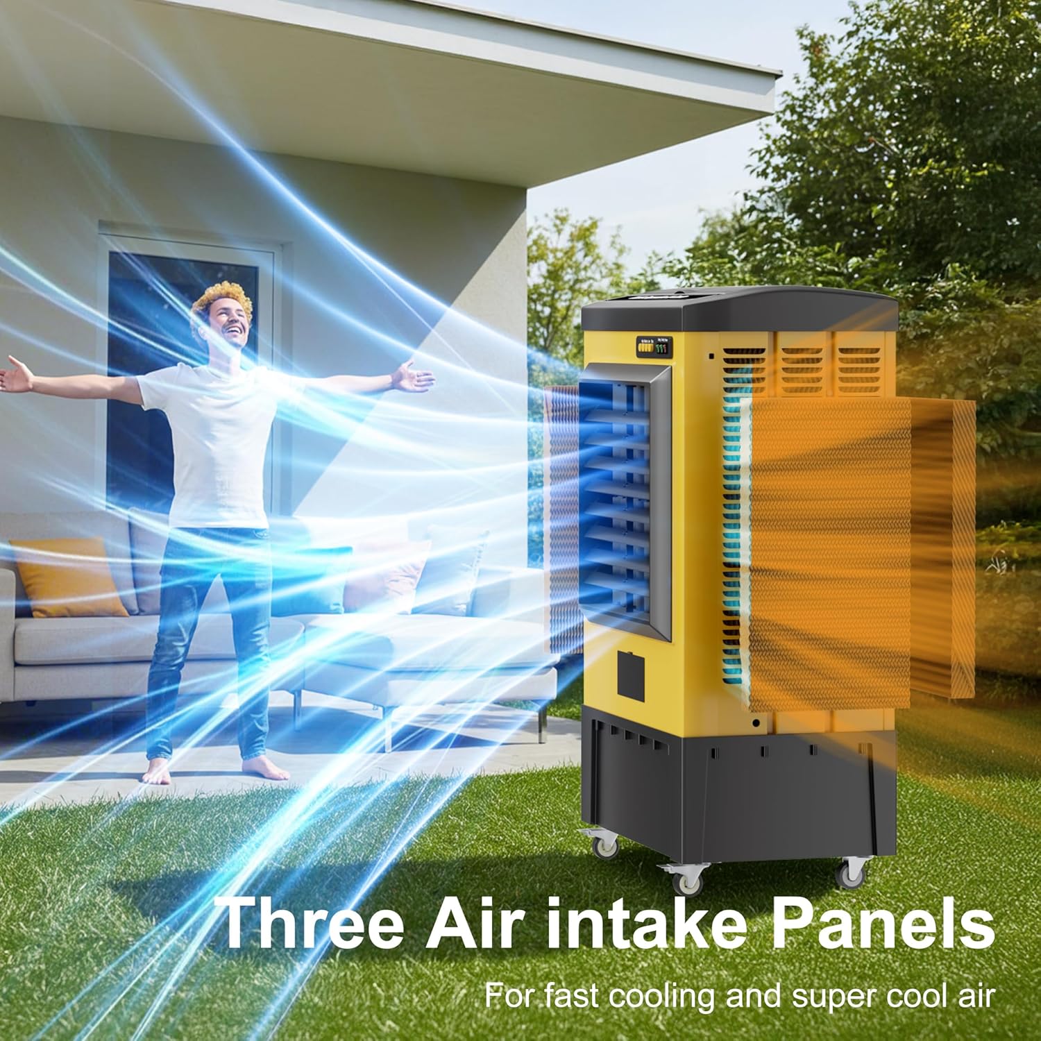 AKIRES 6500CFM Swamp Coolers,Evaporative Air Cooler for 1600Sq.ft of Space,with Continuous Auto Fill,19-Gal Water Tank,120°Oscillation,5 Ice Packs,Cooling Fan for Outdoor,Indoor Yellow(48IN)