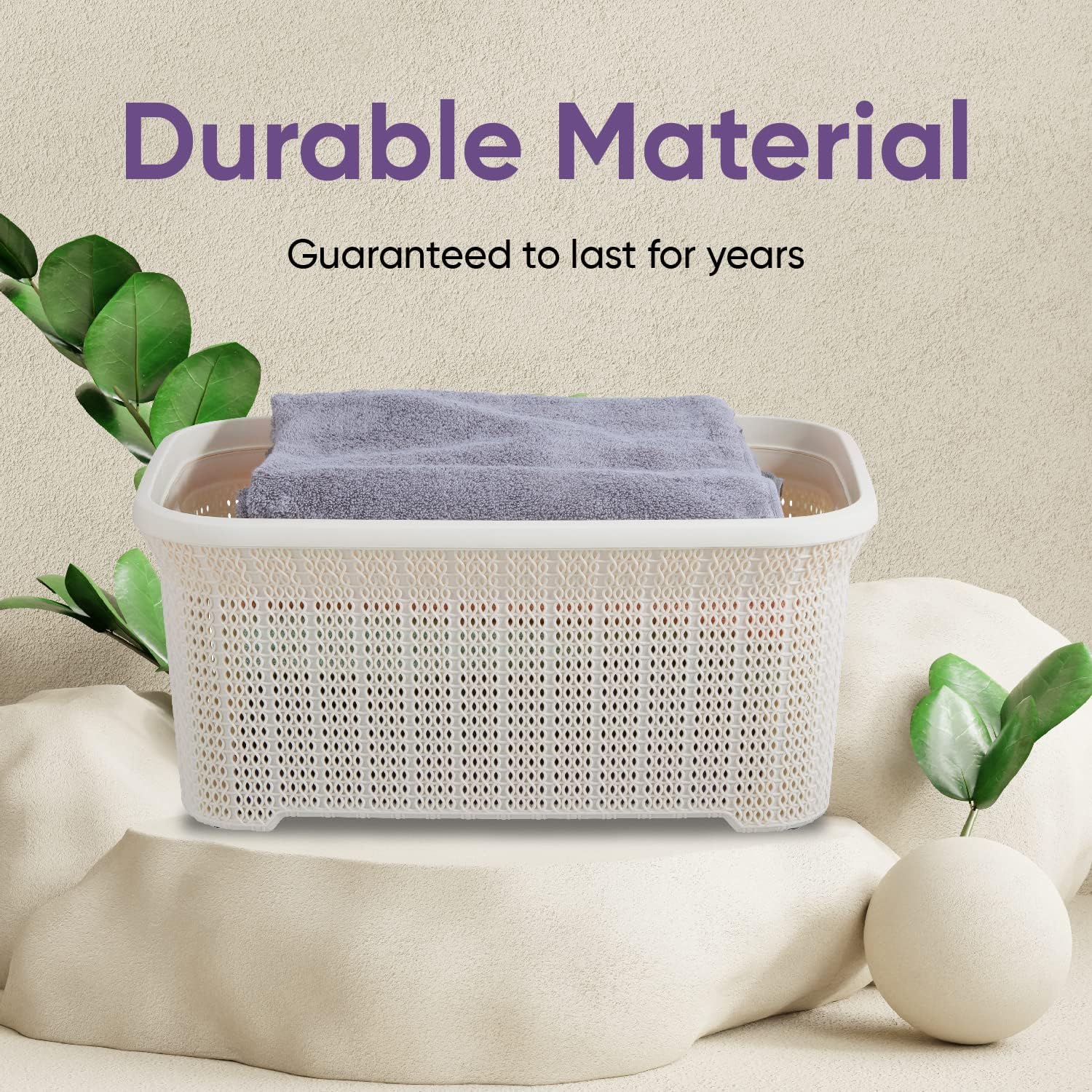 Designed Laundry Basket Plastic Small Storage Hamper Basket, Cream Cloths Basket Organizer with Cut-out Handles. Space Saving for Laundry Room Bedroom Bathroom, Knit Design 40 Liter.