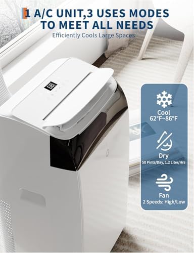 12,000 BTU Portable Air Conditioner, Cools Up to 550 Sq. Ft, 3-In-1 Room Air Conditioner With Drainage-Free, 48db Quiet Operation, Remote Control, 24Hrs Timer, Easy Install Kit for Home