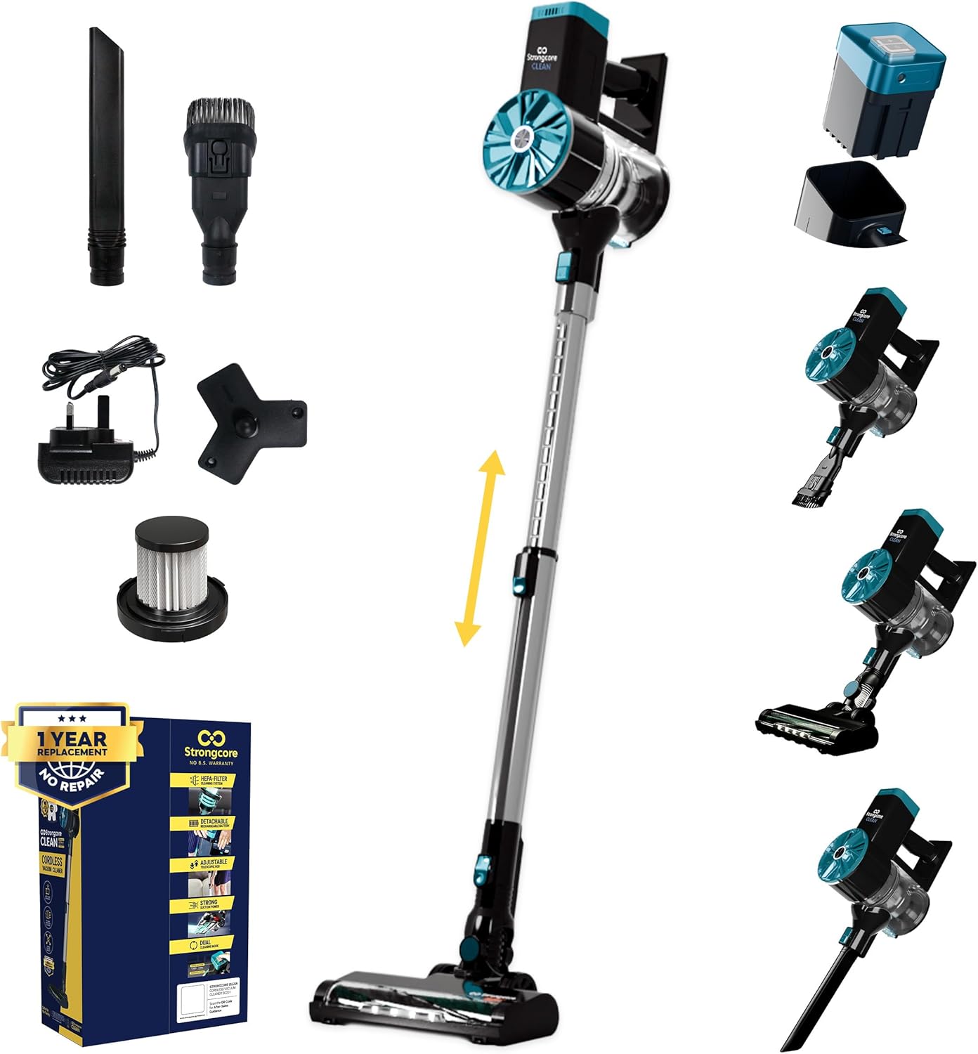 Strongcore Clean Cordless Vacuum Cleaner Rechargeable Battery, Multi-Tool Included Stick Vacuum with HEPA Filter, Self-Standing Design, LED Lights & Adjustable Handle for Home, Carpet and Hard Floors