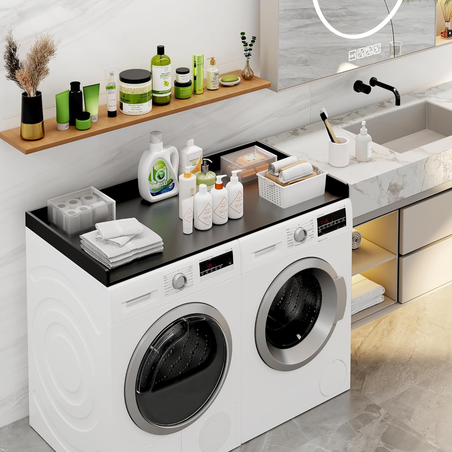 efluky Washer Dryer Countertop, Wood Countertop with Edge Rails for Laundry Room Organization and Storage, Washer Dryer Topper for Laundry Room, 27.5