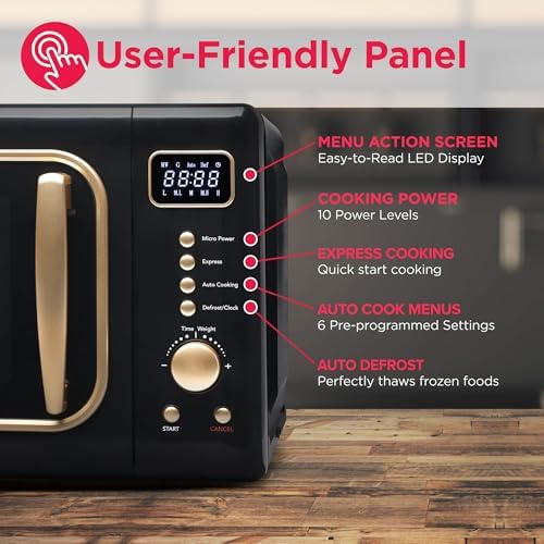 Compact 0.7 Cu. Ft. Retro Countertop Microwave Oven - Stylish Black and Gold Design