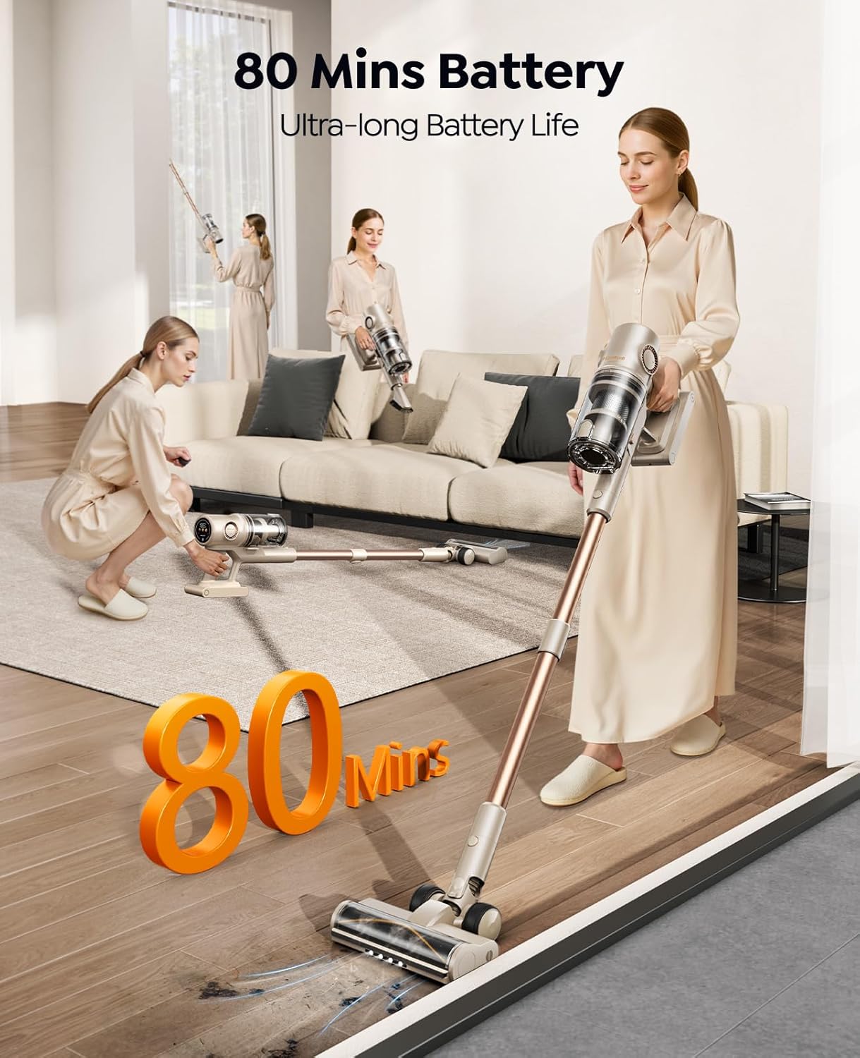 Cordless Vacuum Cleaner,80Mins/50kpa/600W Vacuum Cleaners for Home,Stick Vacuums with Self-Standing,Touch Screen,LED Headlights, Anti-Tangle,Rechargeable,Lightweight,for Carpet,Hard Floor, Pet Hair