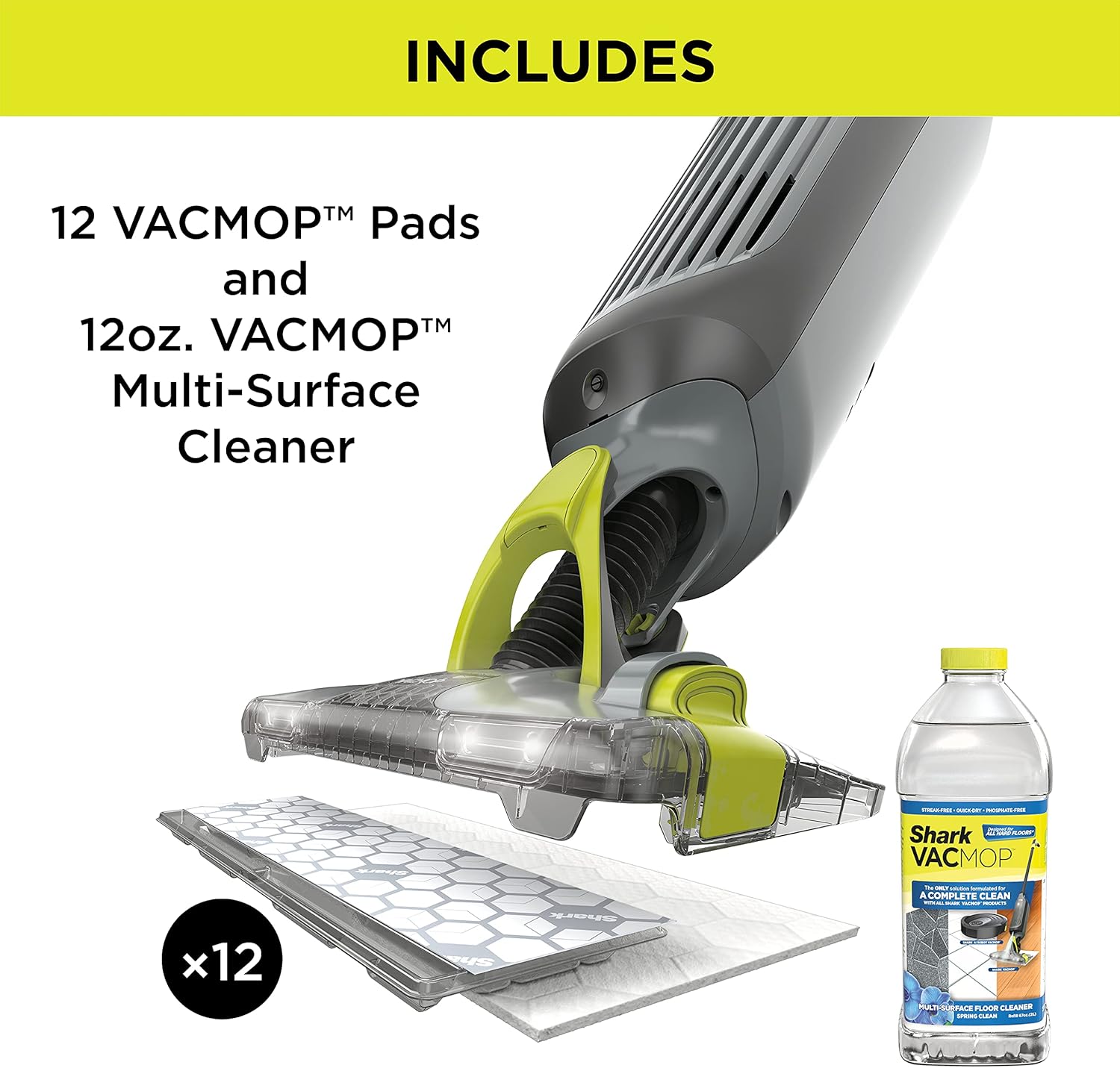 Shark VM252P10 VACMOP Pro Cordless Hard Floor Vacuum Mop with LED Headlights, 12 Disposable Pads & 12 oz. Cleaning Solution, Charcoal Gray