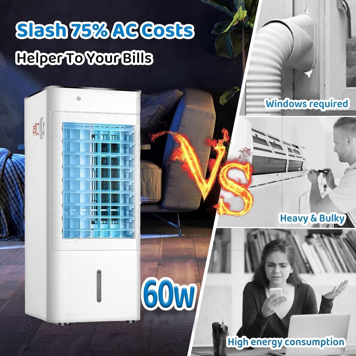 Windowless Portable Air Conditioner, 3-in-1 Evaporative Air Cooler with 7L Tank, Remote Control, 12H Timer, Oscillation, and 3 Speeds for Bedroom & Indoor Use
