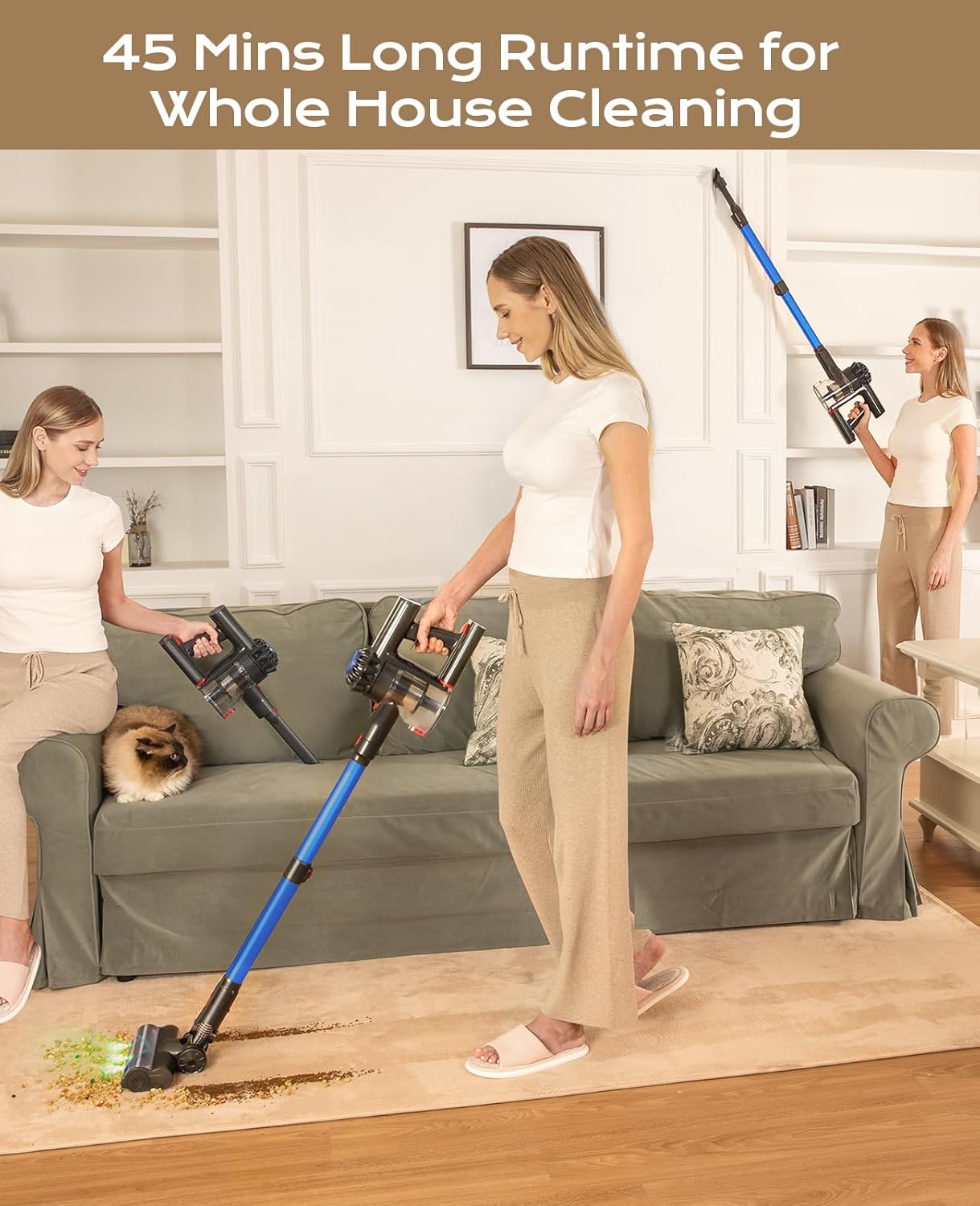 Cordless Vacuum Cleaner, 45Mins Powerful Vacuum Cleaners for Home, Lightweight Stick Vacuum Cordless with Advanced Green Light Tech, Rechargeable Battery Vacuum for Carpet,Pet Hair,Hardwood Floor