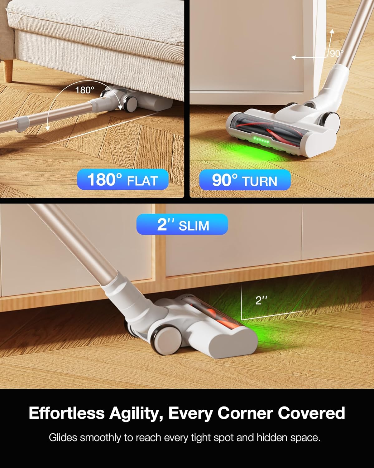 Maircle Cordless Stick Vacuum Cleaner for Home, Lightweight Rechargeable Vacuum with 55min Runtime, Powerful Suction, Green LED Headlight, 9-in-1 Pet Hair Carpet & Hardwood Floor Cleaner