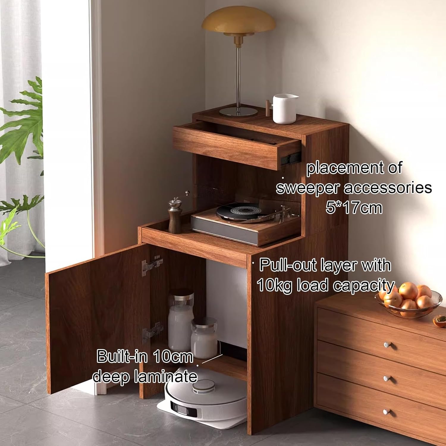 Wooden Robot Vacuum Storage Cabinet Easy Water Change Sweeping Robot Storage Rack Half Hollow Design Nightstand Organizer for Home Office Living Room(Natural)