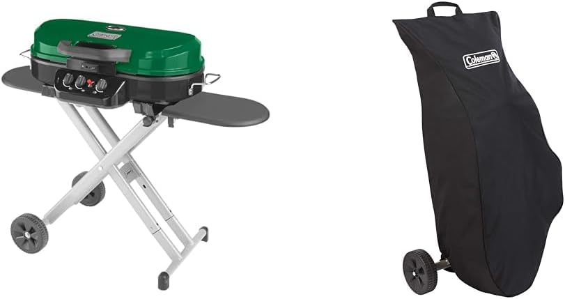 Coleman RoadTrip 285 Portable Stand-Up Propane Gas Grill, Green & Roadtrip Grill Cover, Protective Travel & Storage Cover for Coleman Roadtrip Grills/Griddles