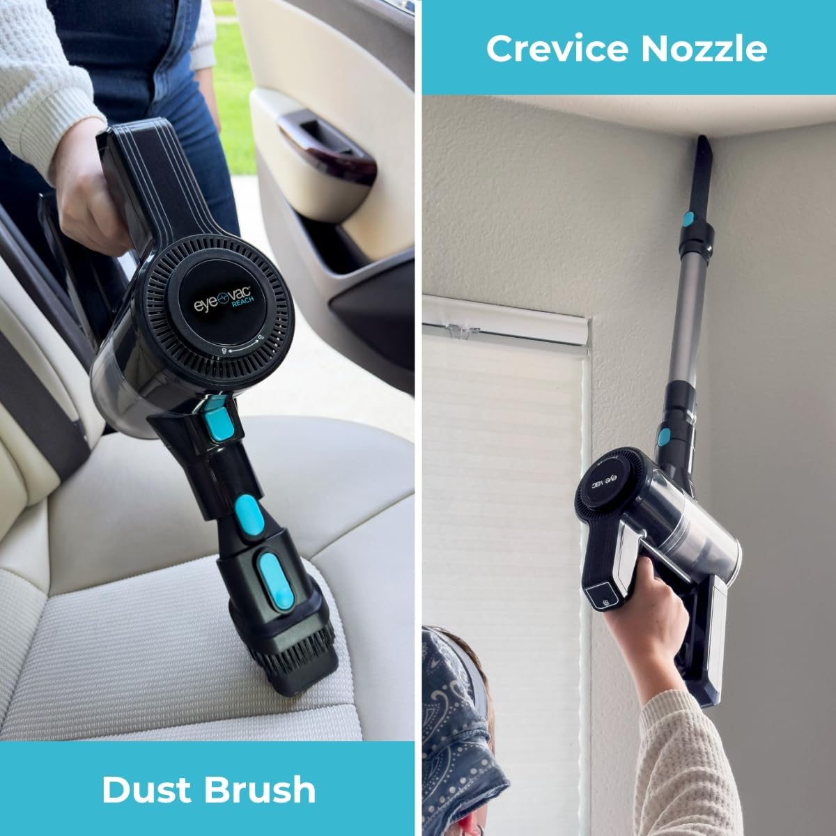 EyeVac Reach 6-in-1 Cordless Stick Vacuum, Rechargeable with LED Lights, 35-Min Runtime, Brushless Motor, Powerful Suction, 5-Stage Filtration (Black with Turquoise)