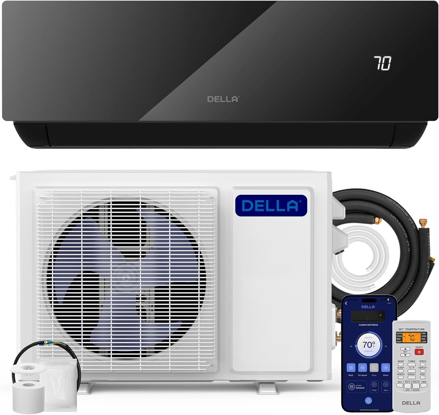 DELLA Umbra Series 12000 BTU Mini Split AC Wifi Enabled Work with Alexa 17 SEER2 Energy Saving Cools Up to 550 Sq.Ft & Pre-Charged Heat Pump Ductless Inverter System