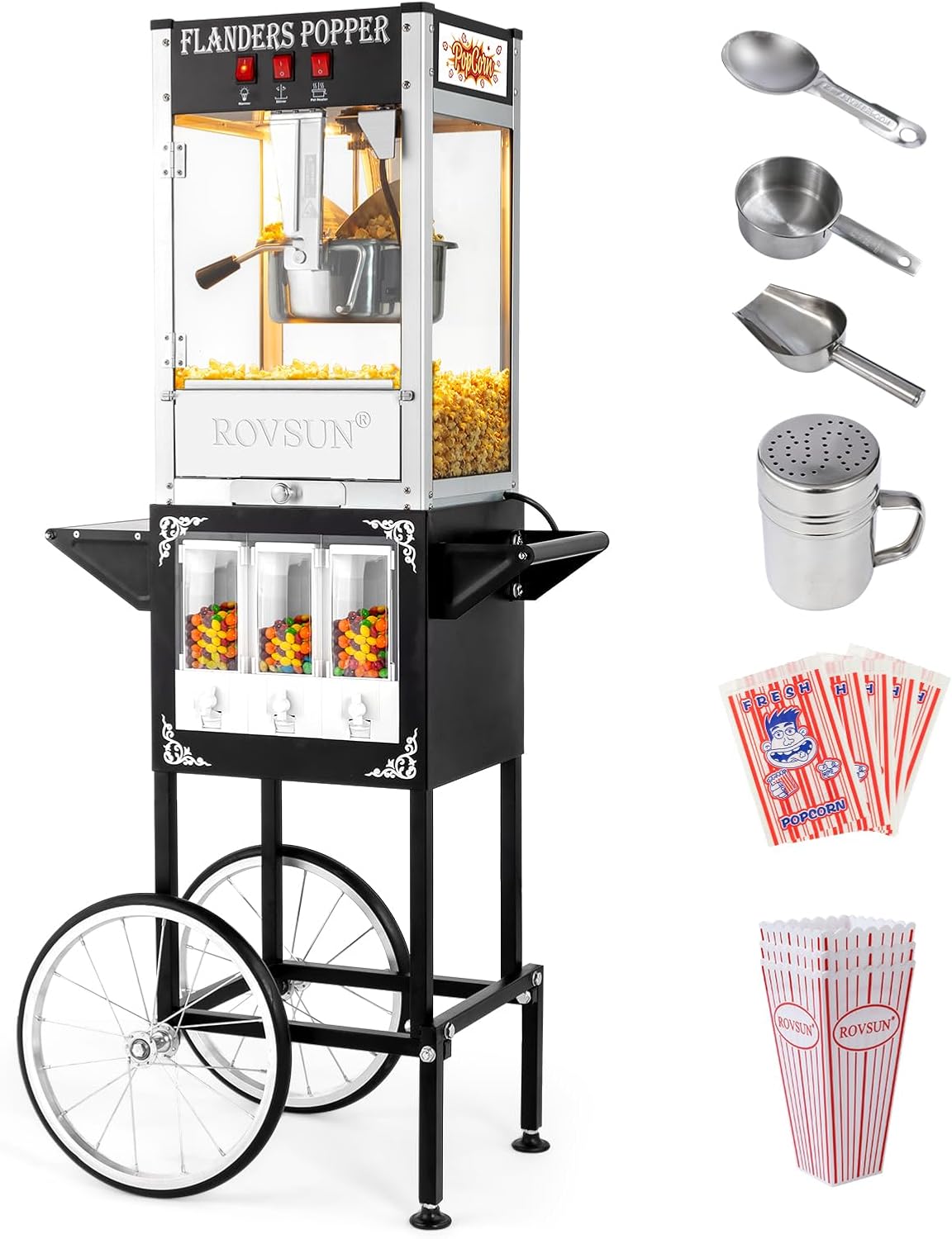 ROVSUN Popcorn Machine w/Cart, Wheels & 8 Oz Kettle Makes Up to 32 Cups ETL Certified, Popcorn Maker w/Candy Dispensers, Scoop, Oil Spoon & 3 Popcorn Cups for Commercial Home Theater, Black