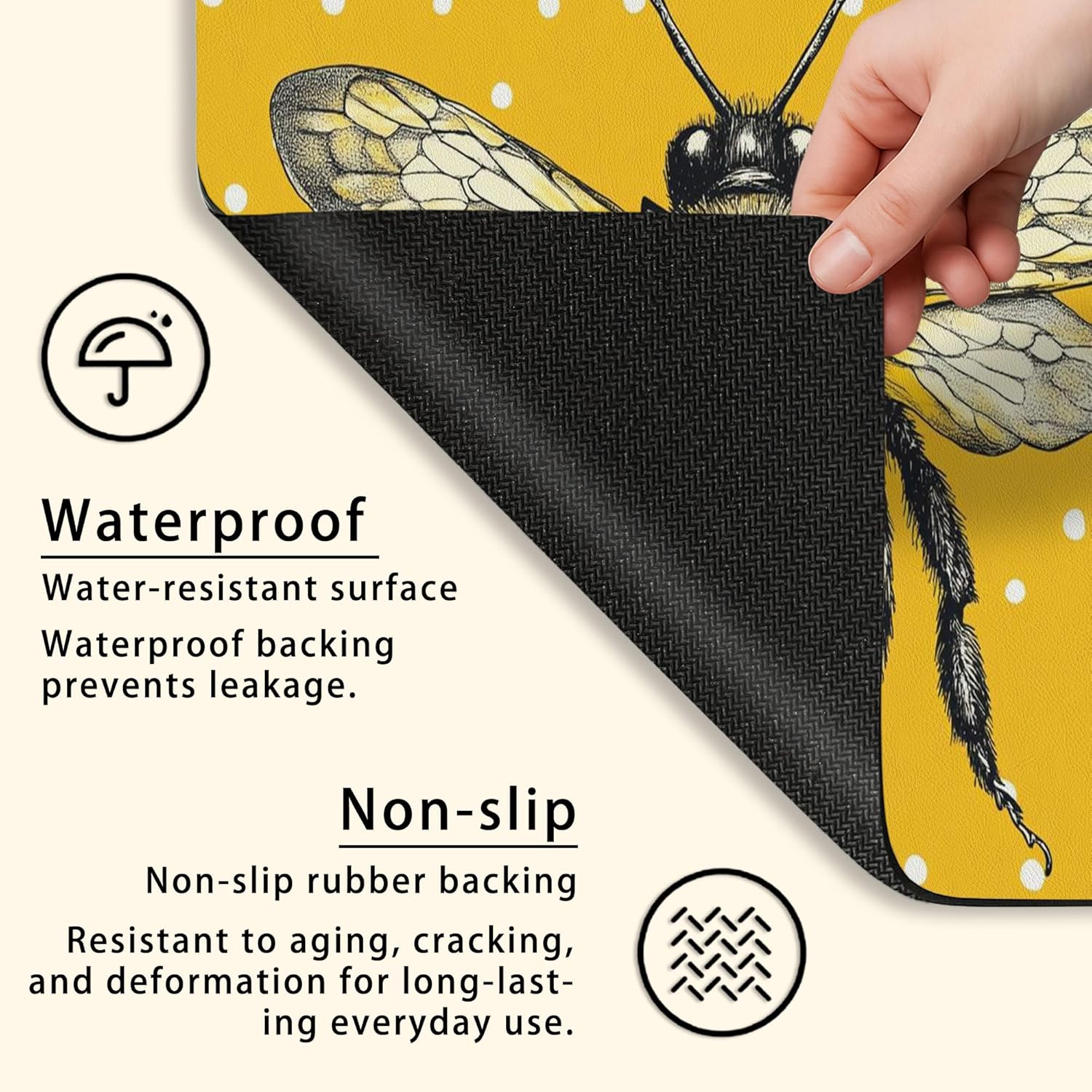 Bee Themed Washer Dryer Top Protector Mat, Vintage Illustrated Bee Laundry Machine Cover, Yellow Seasonal Dust Proof Rubber Anti-slip Waterproof Mats for Laundry Room 20x24 Inch