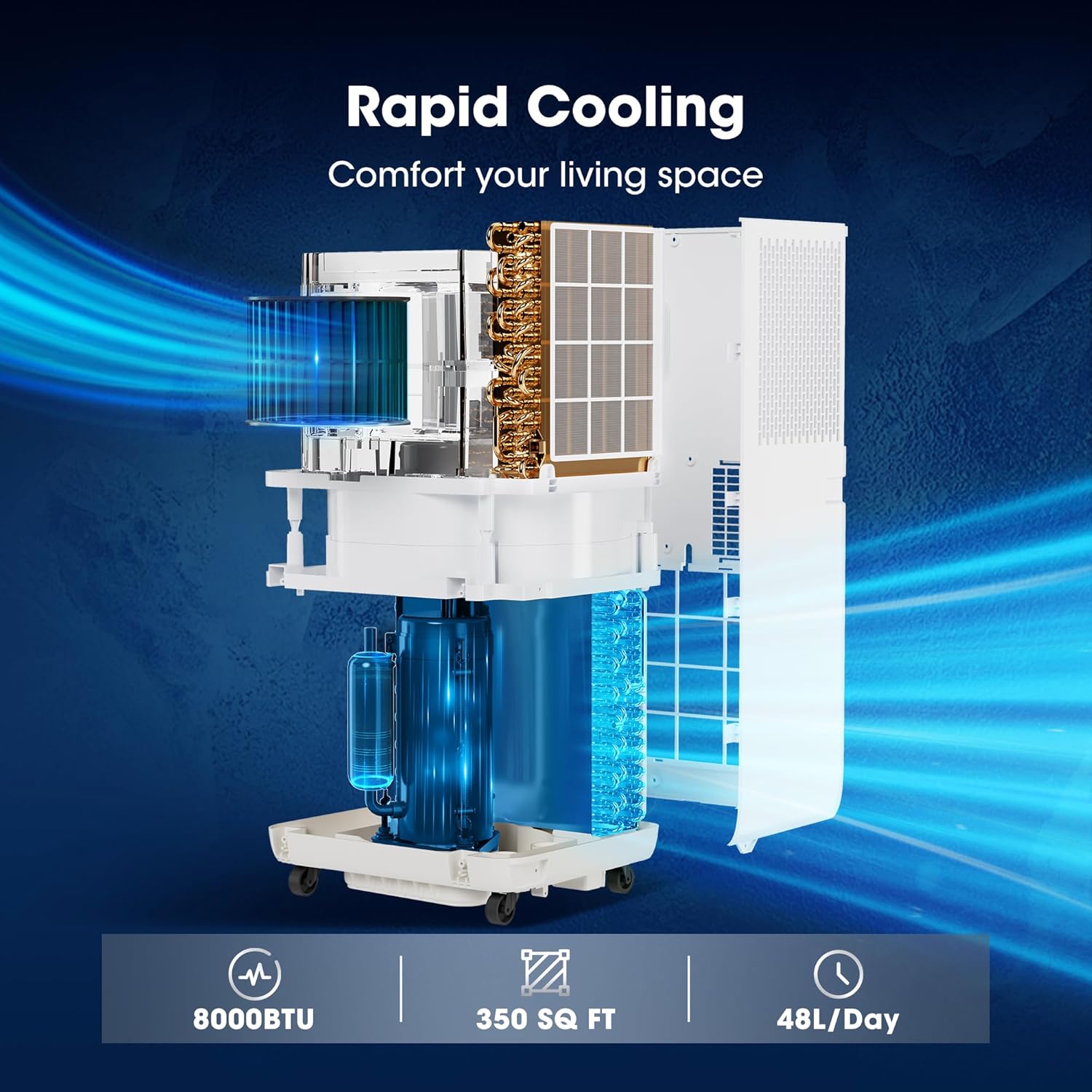 8000BTU Portable Air Conditioners Smart AC Unit with App & Remote Control 3-in-1 Cooling, Dehumidifier, Fan for Rooms up to 350 sq.ft, 24H Timer, White