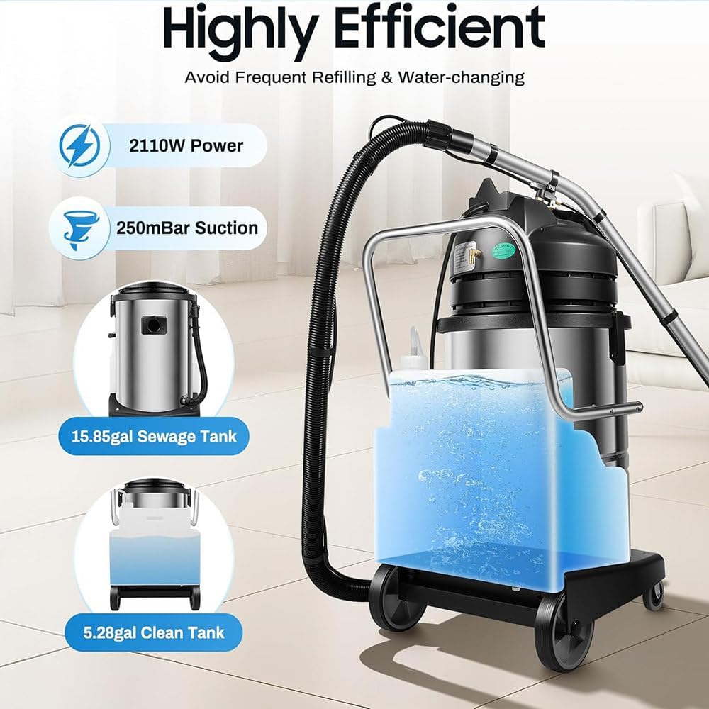 60L Commercial Carpet Cleaning Machine,2-in-1 Wet Dry Vacuum Cleaner for Carpet/Floor/Auto Detailing,Stainless Steel Shampooer,Professional Carpet Cleaning Machine with 6 Suction Tools