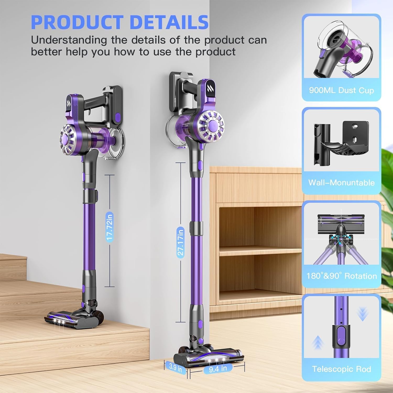 Cordless Vacuum Cleaner for Home, Stick Vacuum Cordless Rechargeable with Power Suction, Up to 35 Mins Runtime, Lightweight Vacuum for Hardwood Floor, Pet Hair, Carpets, Tile