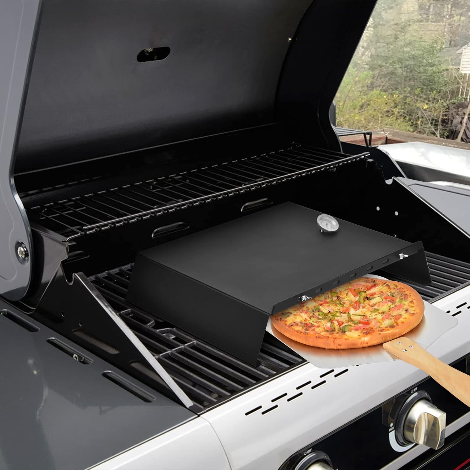 Skyflame Universal Metal Pizza Oven Kit with 20-30 inch Adjustable Width, Grill Top Pizza Oven Box for Most Gas Grills/Pellet Grill Conversion Kit