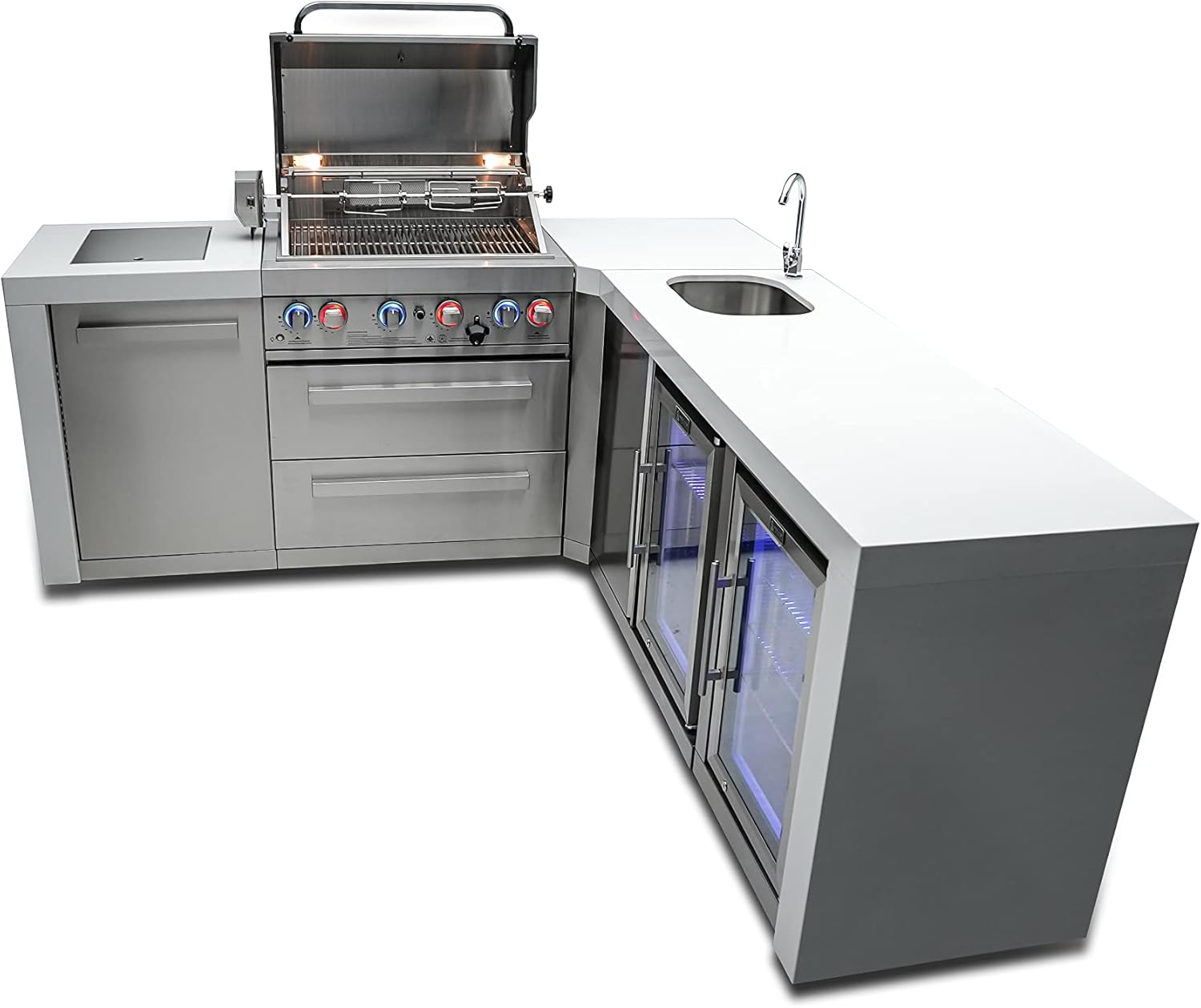 Mont Alpi MAi400-D90BEVFC 32-Inch 4-Burner 78000 BTU 90 Degree Deluxe Island Outdoor Kitchen Bar Gas Island Grill w/Wine Cooler Beverage Center Refrigerator + Granite Countertops + Faucet & Sink