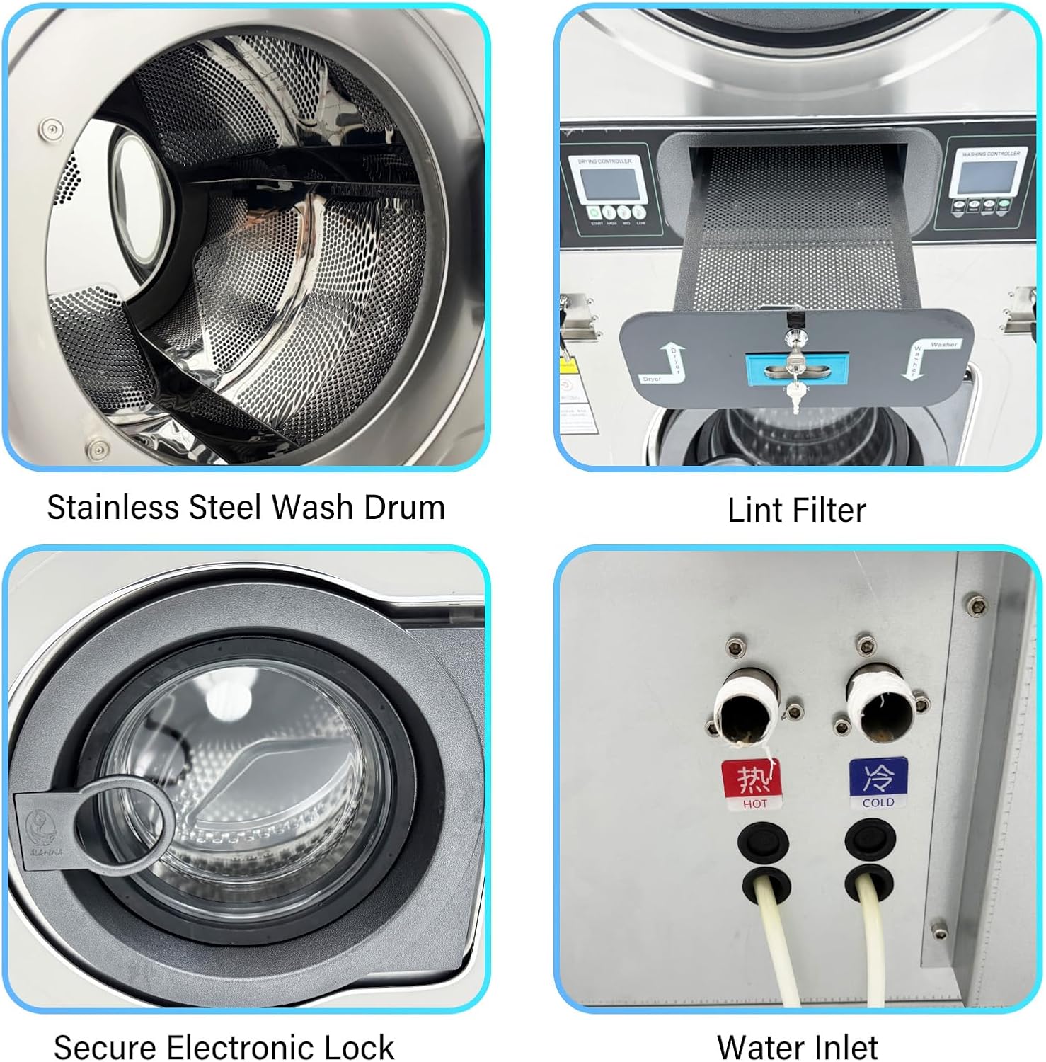 AC220V Commercial Coin Operated Washer Dryer Combo 26.4lbs Stackable Large Washer-Dryer-In-One for Laundromats, Apartment Laundry Rooms, and Hotels