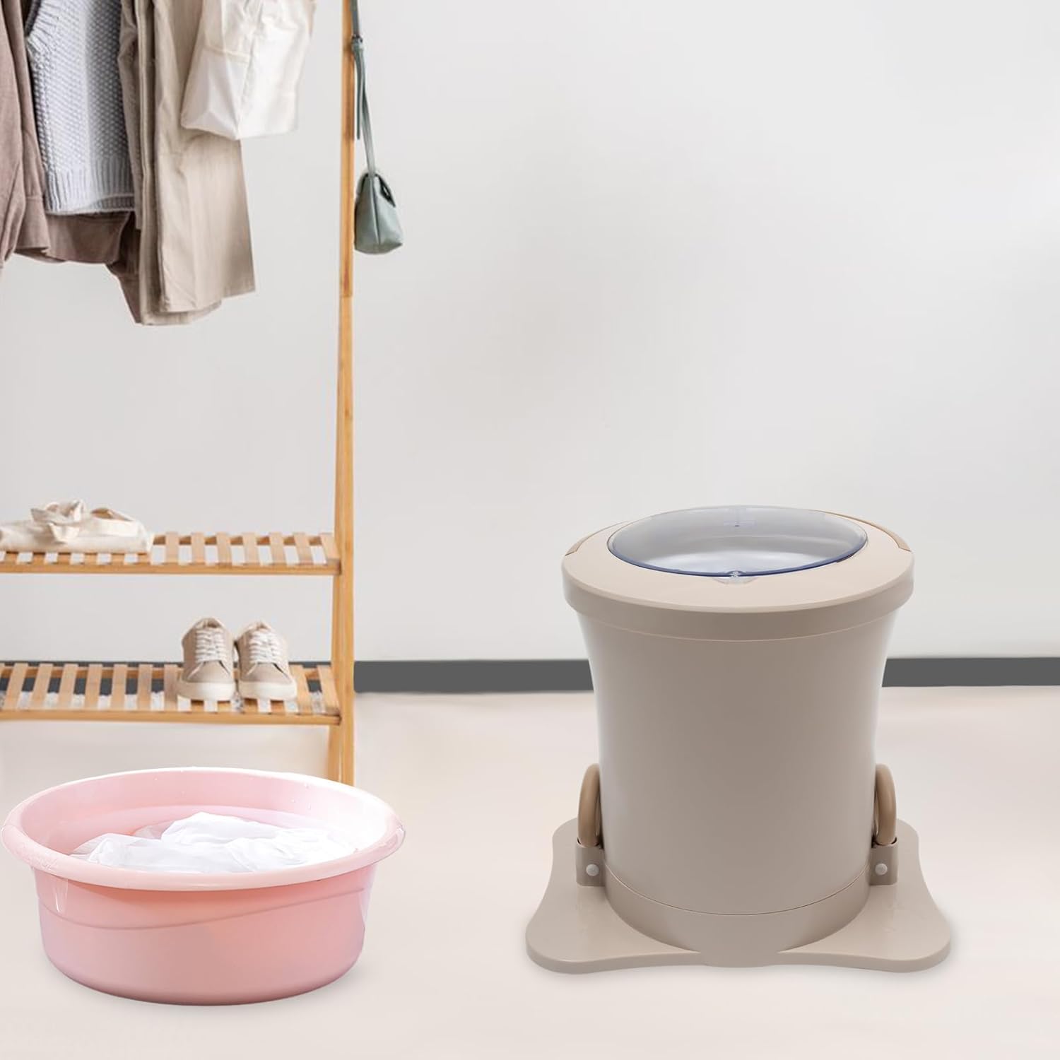 Manual Clothes Dryer Portable, 9L Compact Washer Spin Dryer, Manual Draw Cord Dryer, Non Electric Laundry Dryer for RV, Camping, School, Apartment, Dorm (Apricot)