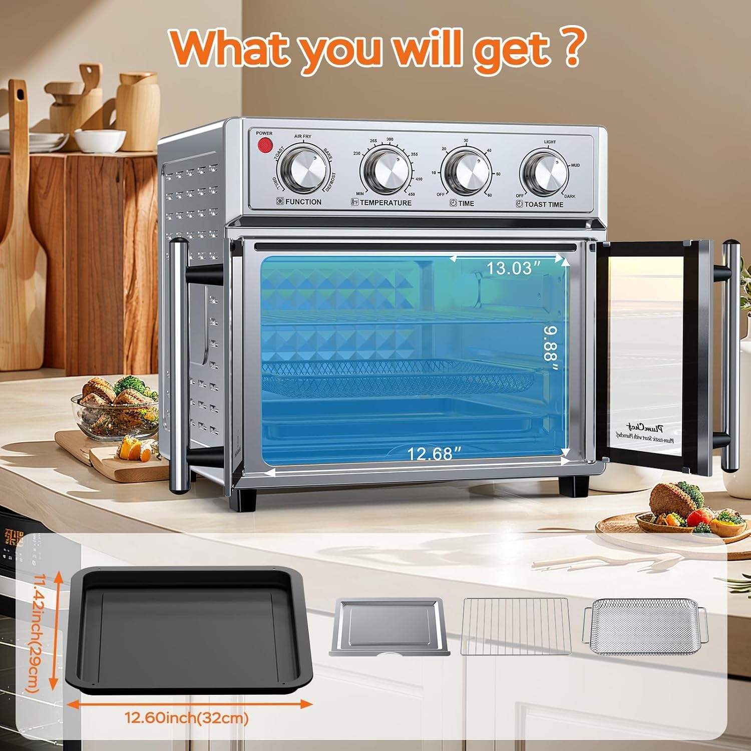 27.5QT French Door Air Fryer Toaster Oven Combo, Countertop Oven for 4 to 6 Family, Stainless Steel Large Toaster Oven for Baking, Roasting, Includes Accessories,Stainless Steel