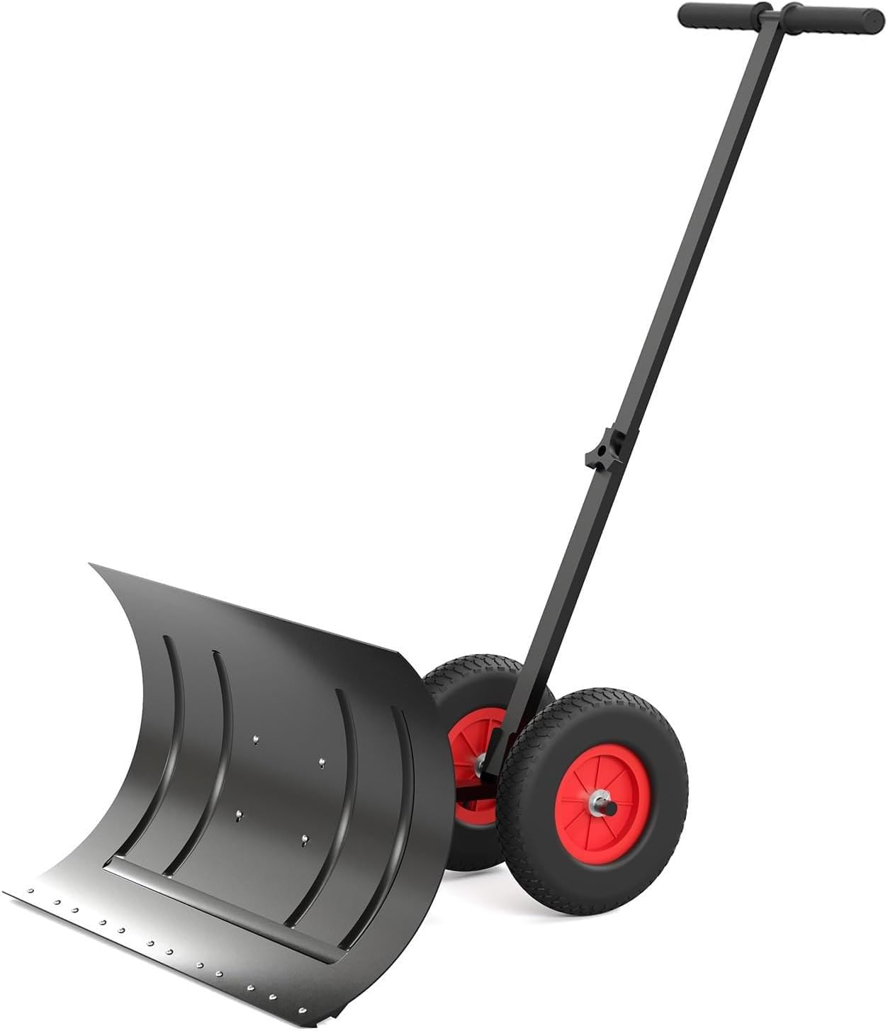 Heavy-Duty Rolling Snow Shovel with Wheels,74 x 42 cm Manual Metal Snow Shovel with Handle,5 Positions Height Adjustable, Foldable Snow Pusher,for Clearing Driveways and Large Areas
