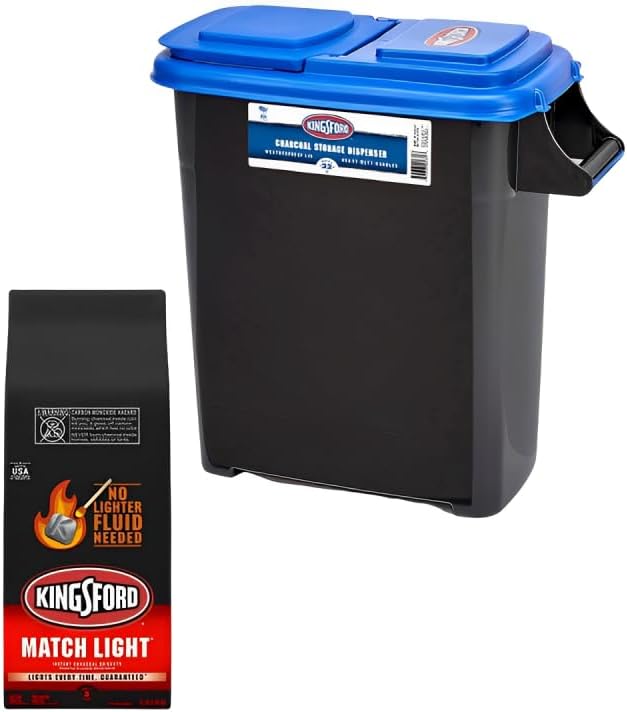 Generic Kingsfords 8 Gallon Charcoal Dispenser, Black with Blue Lid, Heavy Duty Grip Handle Holds up to 24 lbs & Match Light Instant Charcoal Briquettes, 12 lb