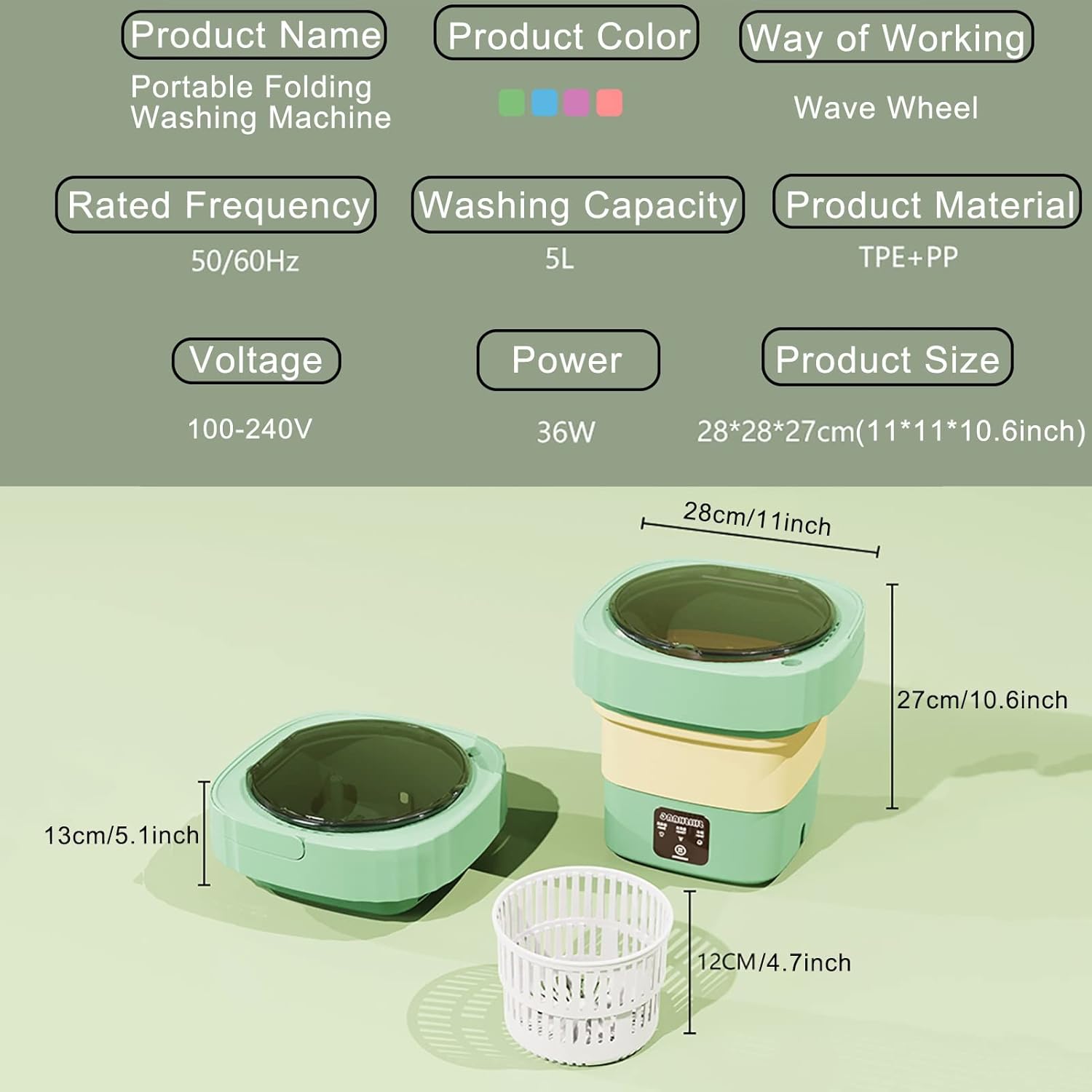 Portable Washing Machine, Mini, Foldable, Washer, Small Washing Machine, for Underwear, Socks, Baby Clothes (Color : Green)
