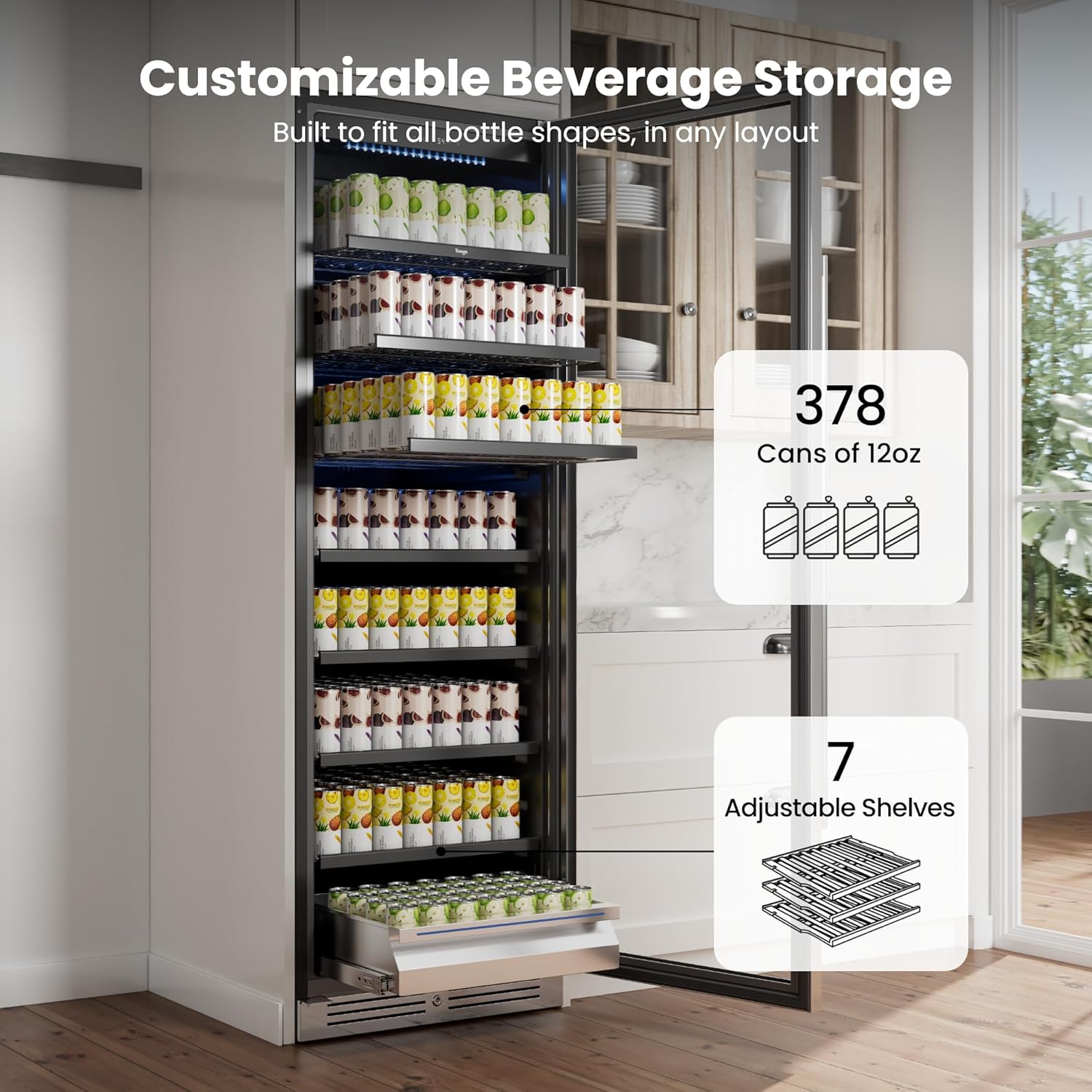 Yeego Beverage Refrigerator & Drink Fridge - 24 inch 378 Cans Beer Cooler with Glass Door, 34-54℉ Built-in or Freestanding Refrigerator with Door Lock, For Drink Soda Wine and Kitchen, Bar or Office