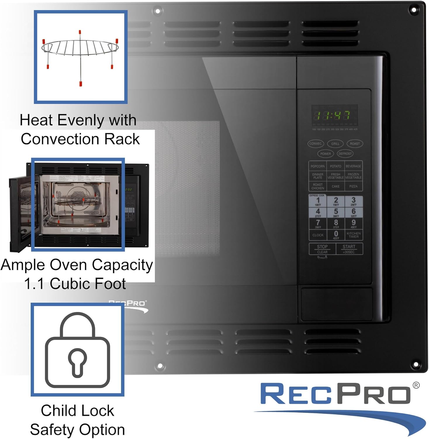 RecPro RV Convection Microwave 1.1 cu. ft. | 120V | Microwave | Appliances | Direct Replacement for High Pointe and Greystone (Black)