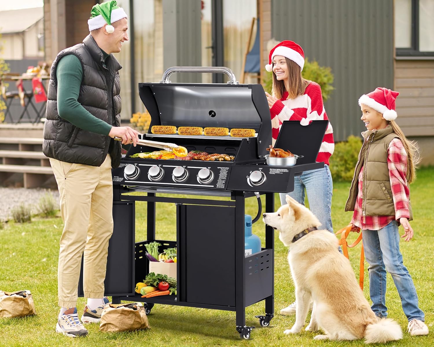 4-Burner Propane Gas BBQ Grill 50,000 BTU with Side Burner and Stainless Steel Double Roast Area,Lockable Universal Wheels, Outdoor Garden BBQ and Cooking Grills (Black)