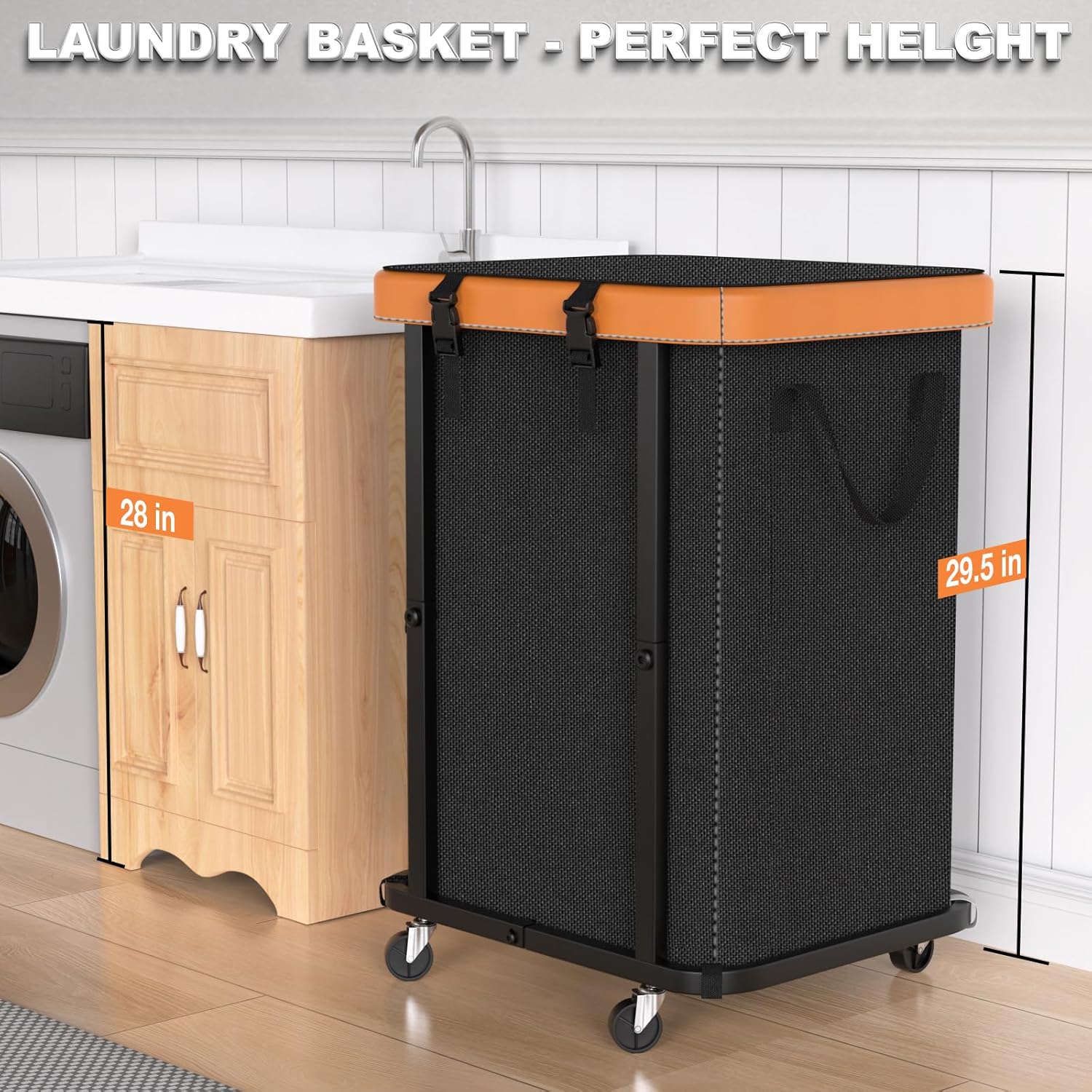 150L (40 Gal) Large Fashion Laundry Basket with Wheels, Leather Patchwork Rolling Hamper Carts, Sturdy Metal Frame, Removable Washable Bag, Tall Clothes Sorter for Bedroom, Laundry Room - Black