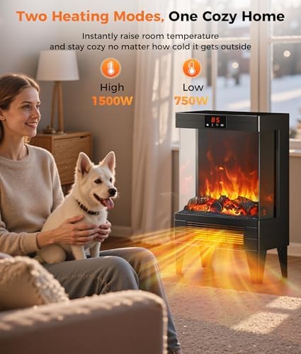 Electric Fireplace Stove Heater - Freestanding Fireplace Heater for Indoor Use with Realistic 3D Flame, Adjustable Thermostat & Remote, Quiet, Timer for Living Room and Bedroom