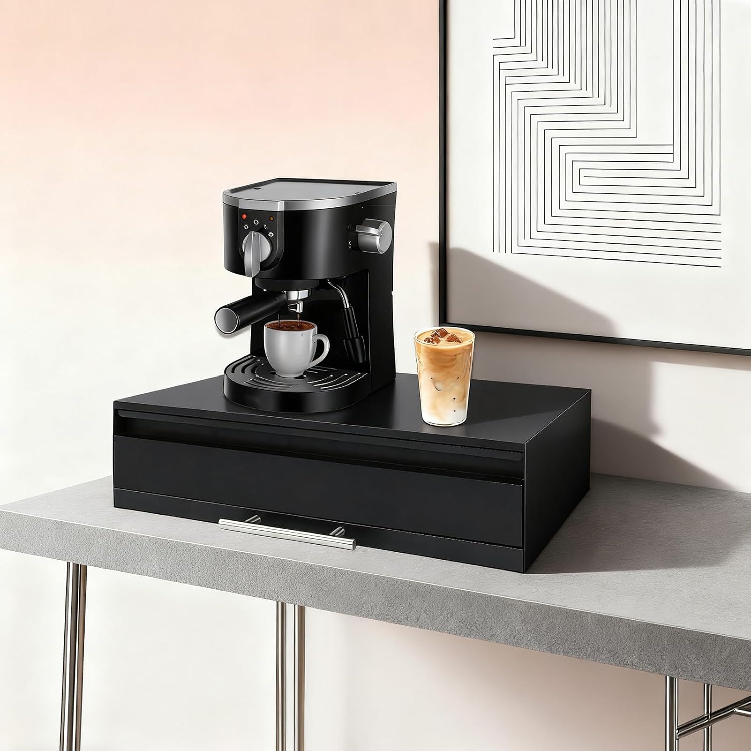 Countertop Drawer | Microwave Stand with Pull-Out Shelf & Drawer | Rust-Resistant Carbon Steel | Modern White Design | Easy Assembly | Fits Small Appliances & Kitchen Essentials (Black)