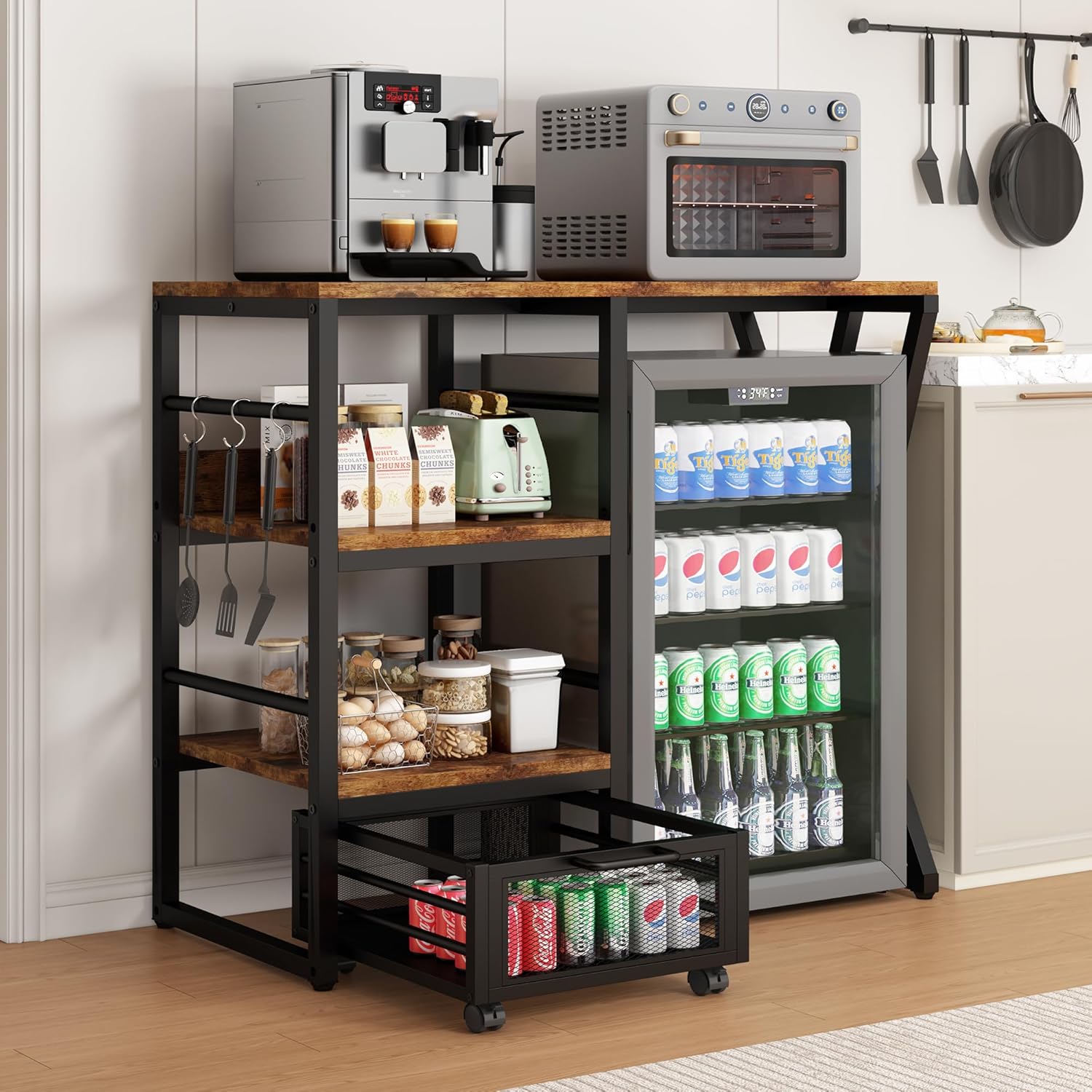 Kitchen Bakers Rack with Movable Basket, Coffee Bar Cabinet with Mini Fridge Space, Beverage & Wine Fridge Stand, Kitchen Storage Organizer with Worktop, Microwave Oven Stand for Home, Dorm, Office