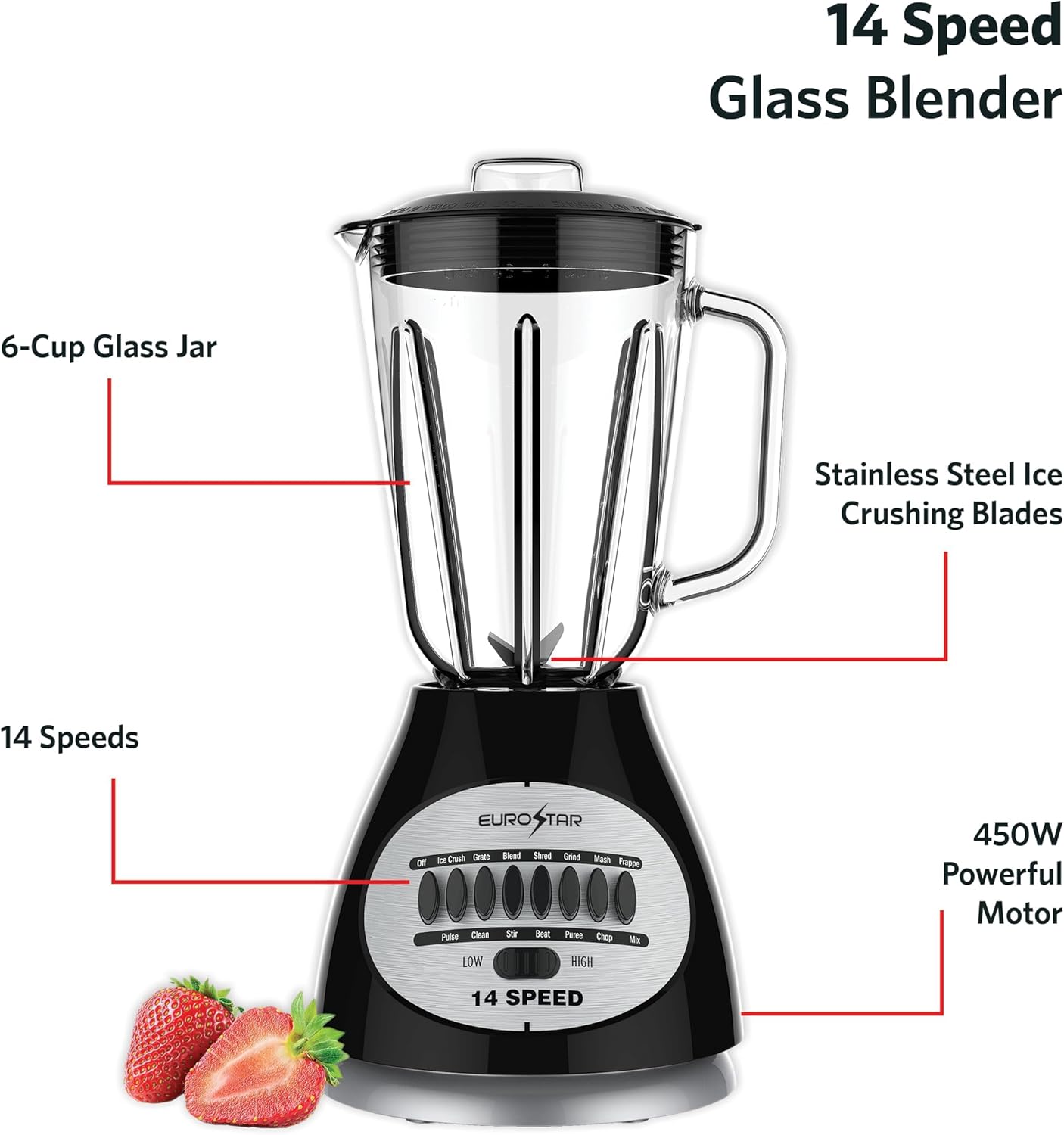 EUROSTAR 450W 14-Speed Glass Jar Blender (BLACK)