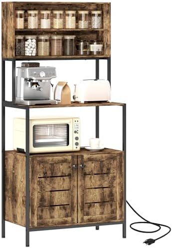 HOMCOM Kitchen Bakers Rack with Power Outlet, Coffee Bar Cabinet with Storage Shelves, Microwave Stand with Louvred Door Cabinets, Rustic Brown