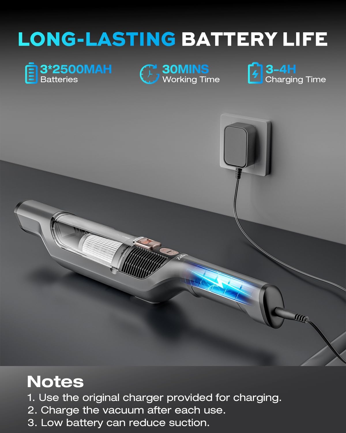 Zefiro Compact & Powerful Cordless Handheld Vacuum, Rechargeable Portable Car Vacuum for Car & Pet Hair, with XL Dust Cup, High-Suction, 2 Brushes & Filters, Long Runtime