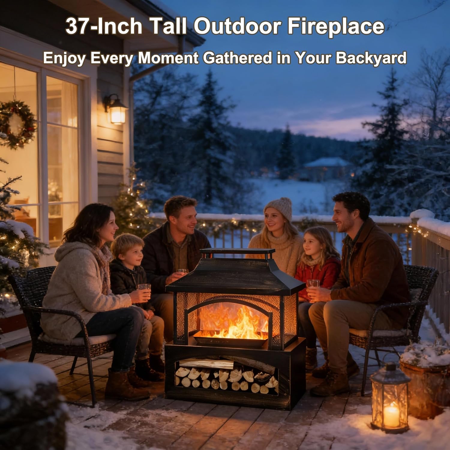 37 Inch Outdoor Fireplace, Wood Burning Fire Pit for Patio with Built-in Log Storage, Steel Rectangular Fire Table with Poker for Camping, Garden, Backyard, Antique Brass