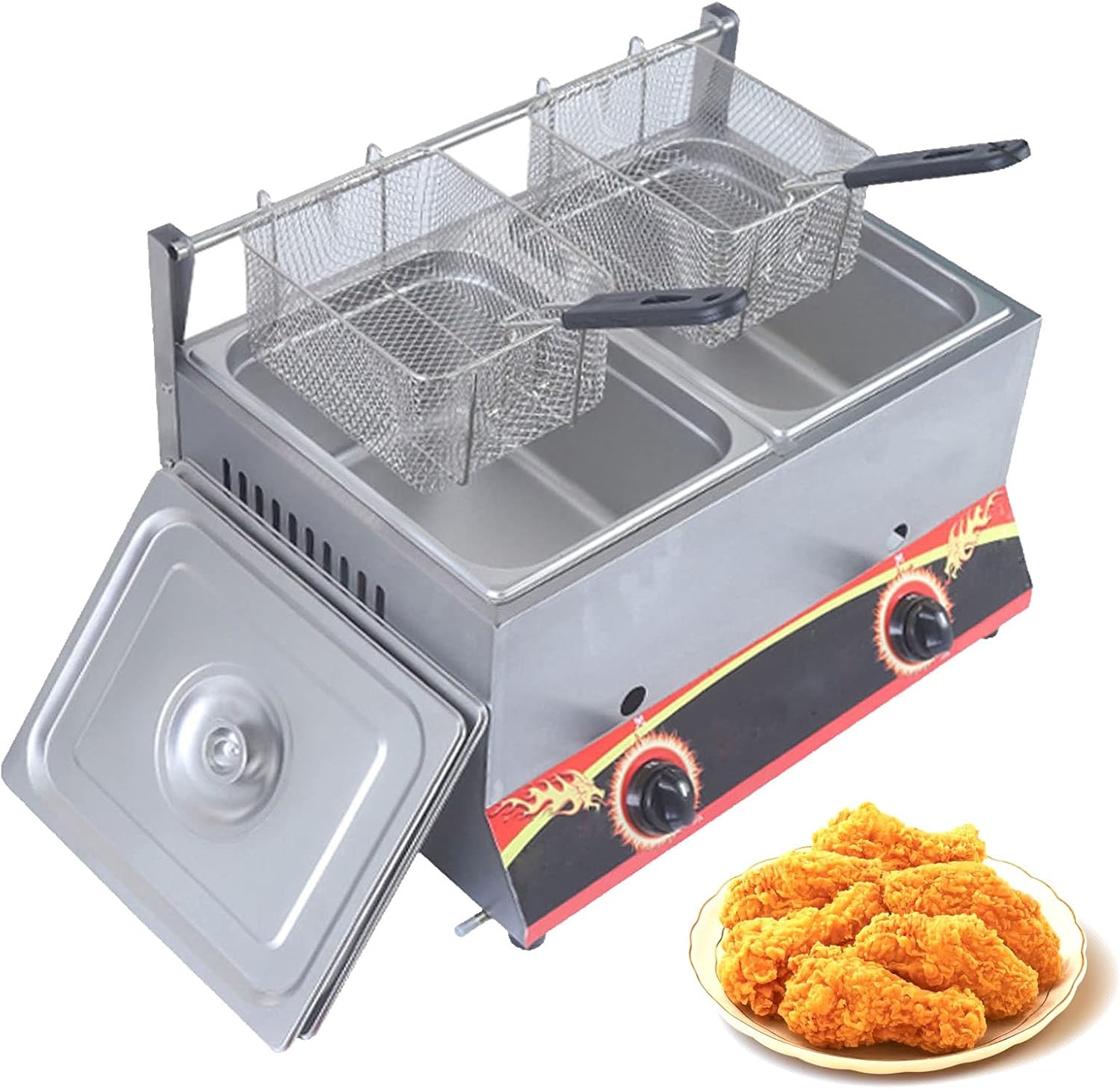 Stainless Steel LPG Fryer/Gas Fryer, Commercial Professional Deep Fryer, Adjustable Firepower and Temperature Contro, Multi-Function Countertop Fryer with Fryin（Natural Gas-22L-A）