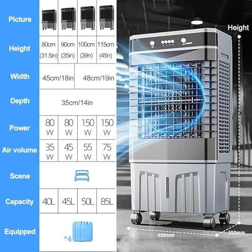 Swamp Cooler Air Conditioner, Evaporative Air Cooler with 4 Ice Box, 120°Oscillation, Portable Cooling Fan with 3 Speeds for Bedroom Home Office(48x35x115cm/19x14x45inch)