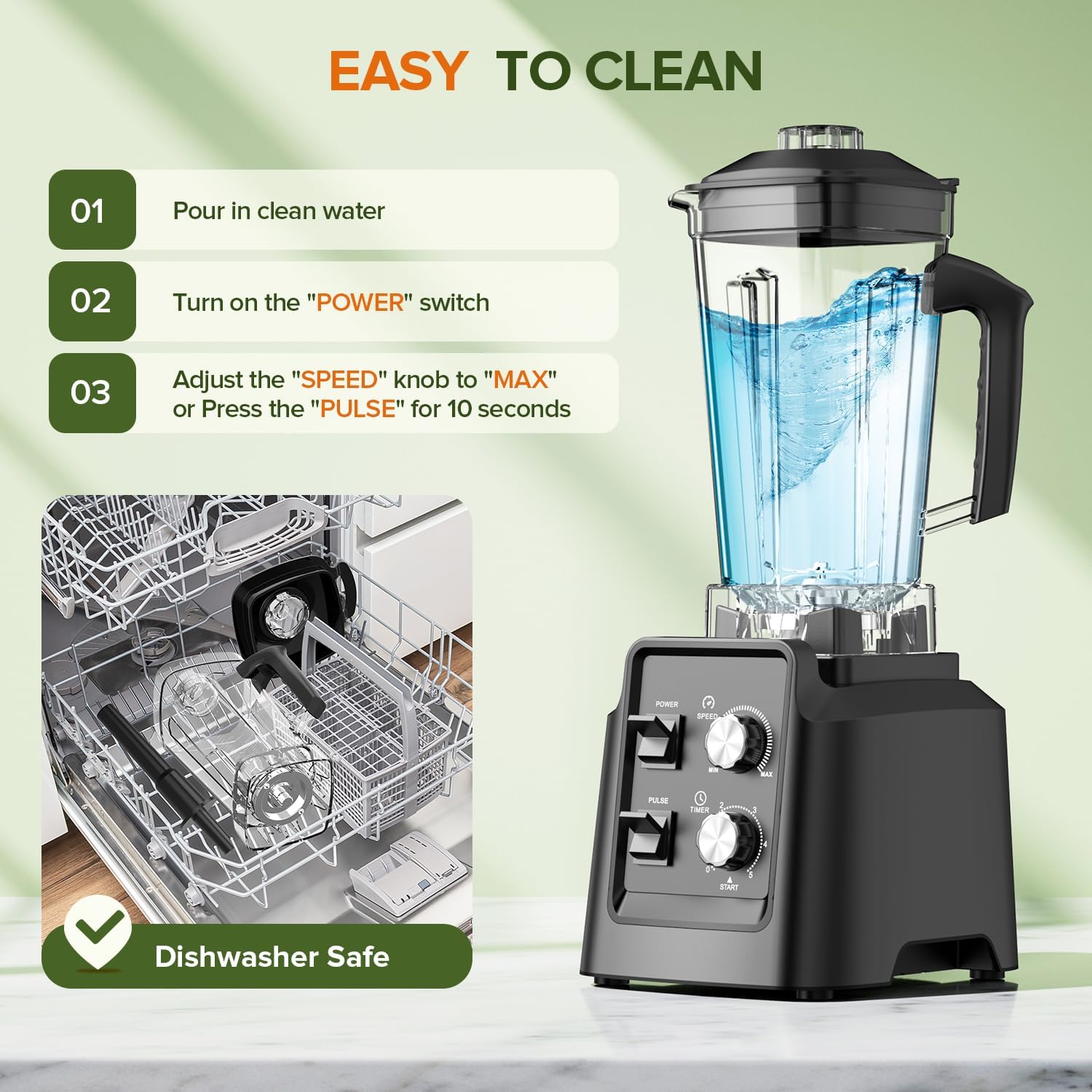 Blenders for Kitchen, Smoothie Blender with Timer - Countertop Blenders with 68oz Dishwasher-Safe Pitcher, Ice Crushing & Frozen Fruit, Black