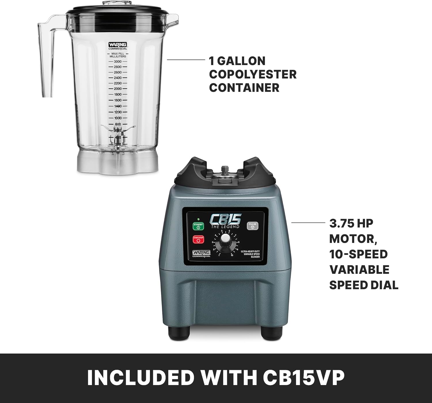 Waring Commercial CB15VP Ultra Heavy Duty 3.75 HP Blender, Electric Touchpad Controls with Variable Speed, BPA Free Copolyester 1 Gallon Container, 120V, 5-15 Phase Plug, Gray